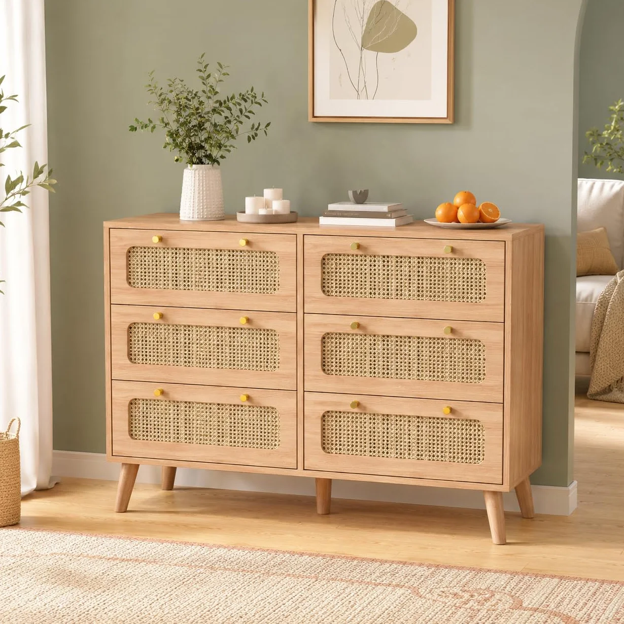 Cómoda de 6 cajones de Madera, Estilo nórdico, cómoda de Almacenamiento con Paneles de ratán, cómoda de Dormitorio Adulto, Color Madera Natural, 100x34x73 cm