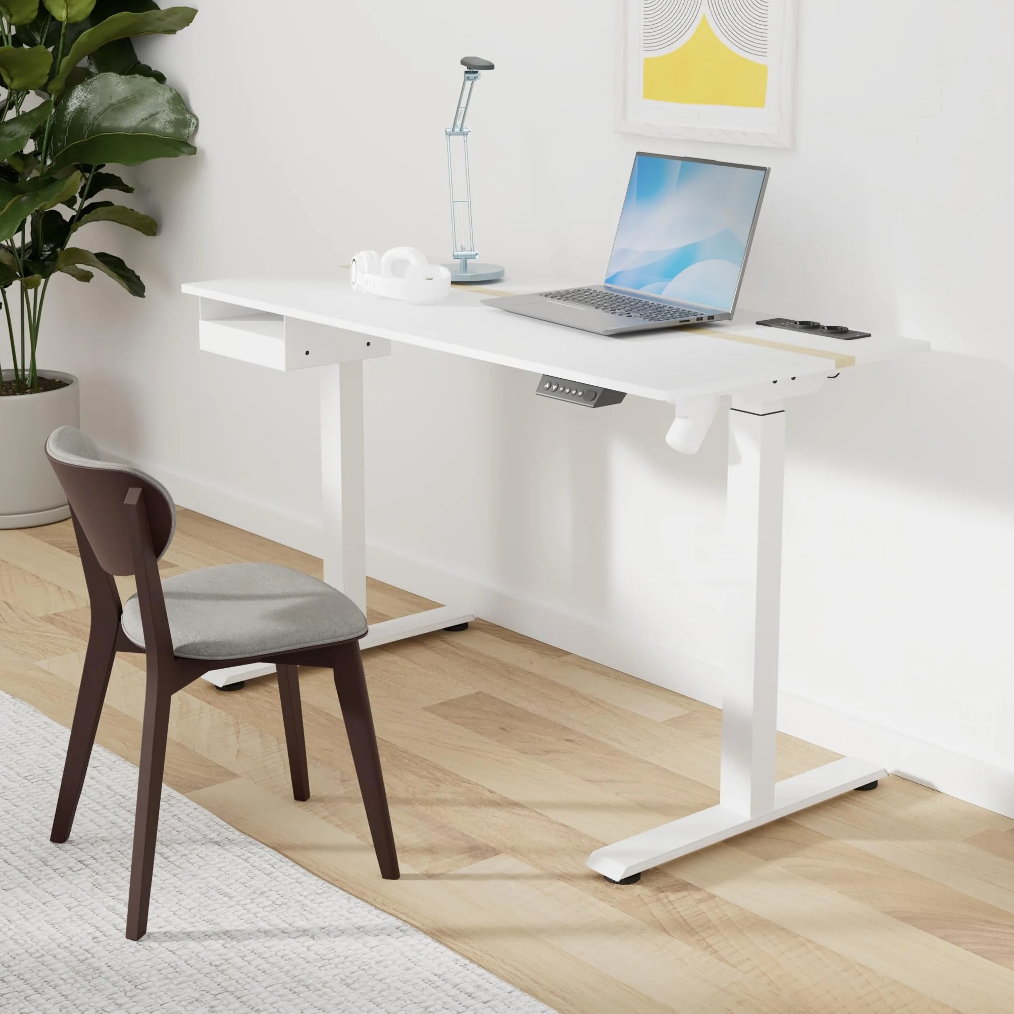 VASAGLE Escritorio Regulable en Altura 140x60 cm Mesa Eléctrica con Enchufe y Cajón Blanco