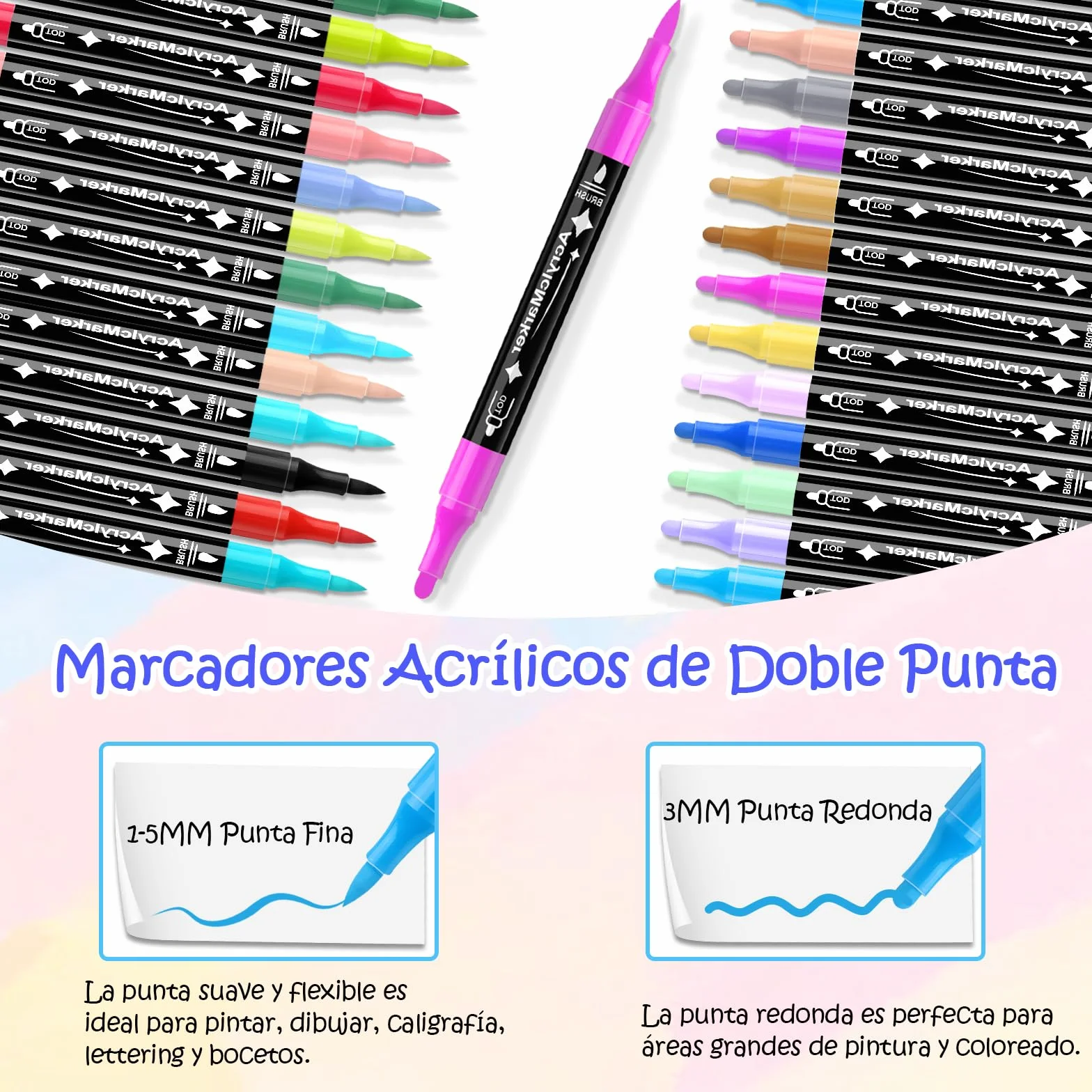Rotuladores Acrilicos 24 Colores, Doble Punta, Permanentes, Base de Agua, Secado Rápido