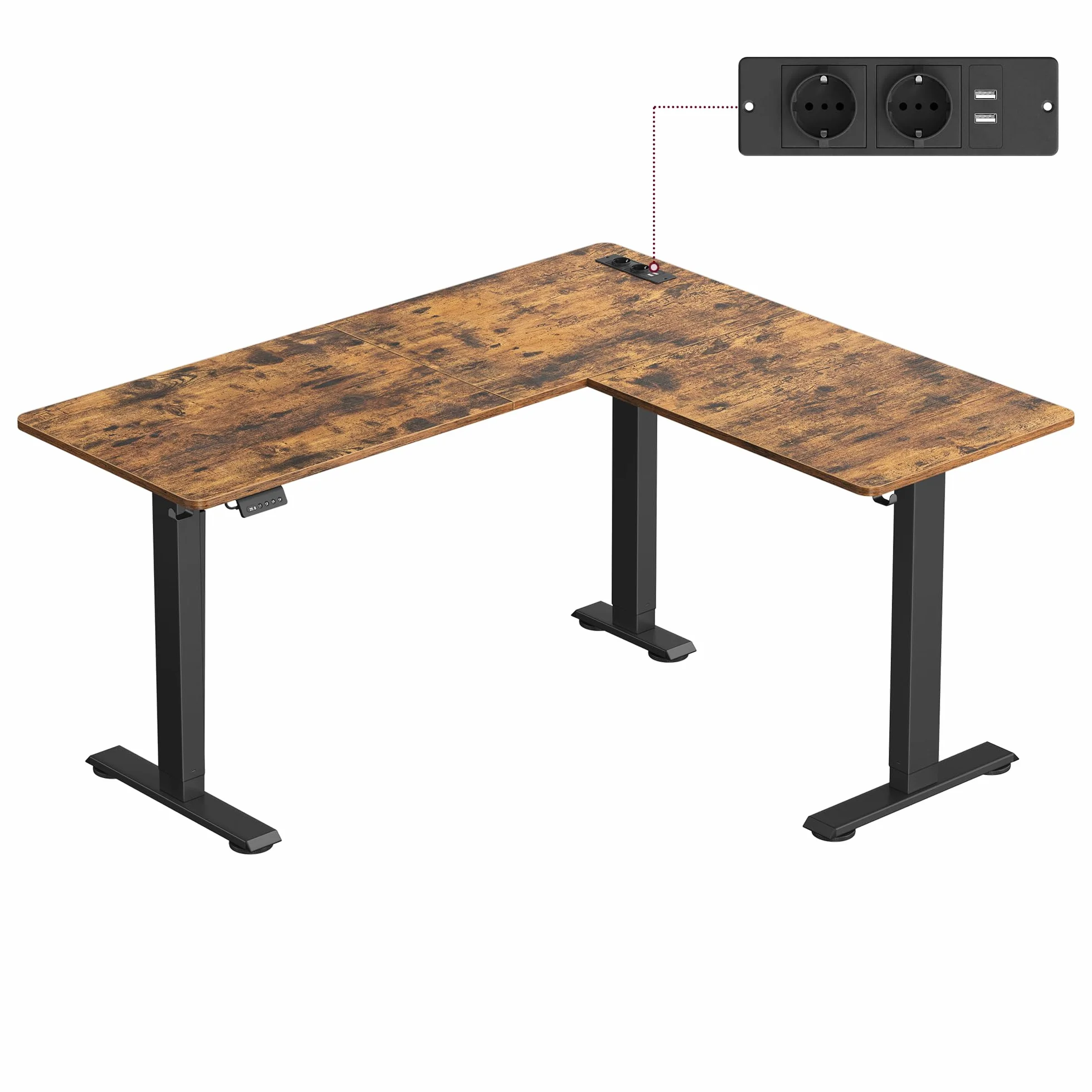 VASAGLE Escritorio Eléctrico Regulable en Altura, Escritorio en Forma de L, 140 x 160 cm, con Estación de Carga, Función de 2 Memorias, para Oficina Casa, Marrón Rústico y Negro Tinta LSD264K01