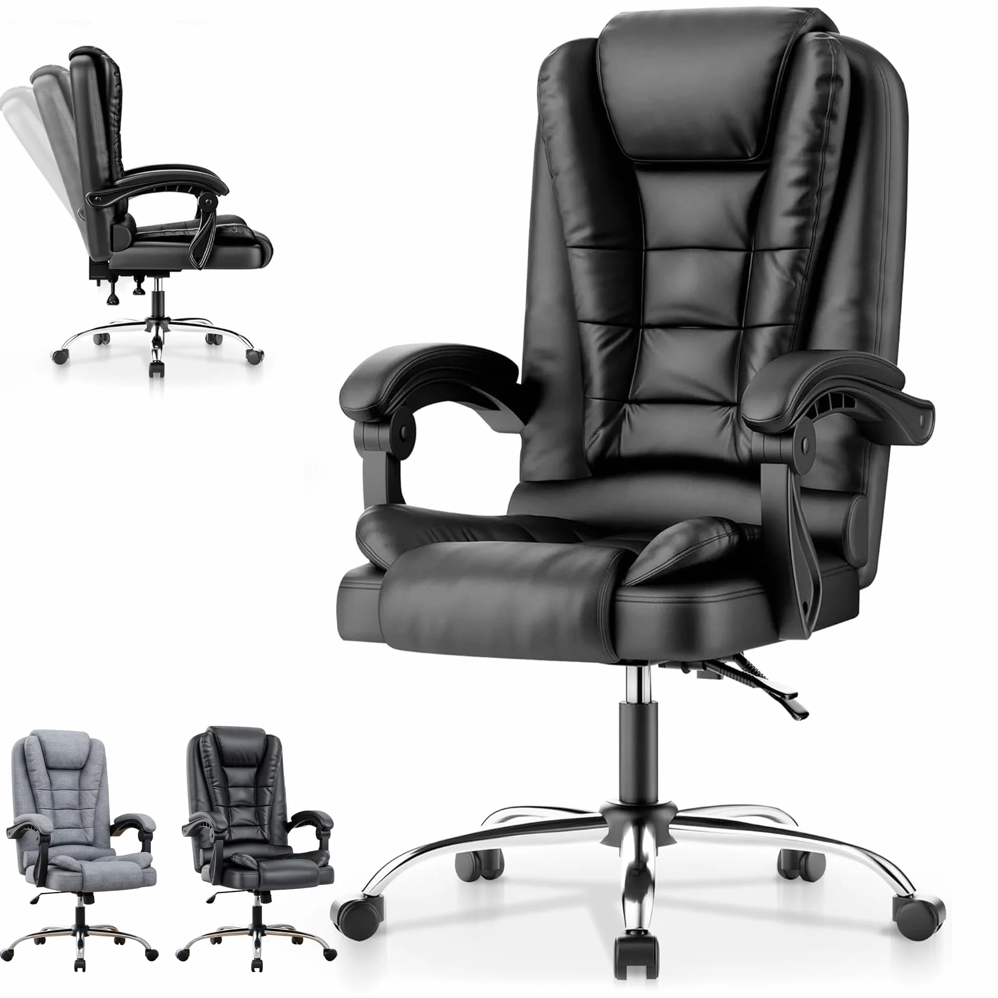 EveryKip Silla de Oficina Profesional con Respaldo Alto 360° Sillón Escritorio Reclinable Cojín Lumbar Altura Ajustable Negro