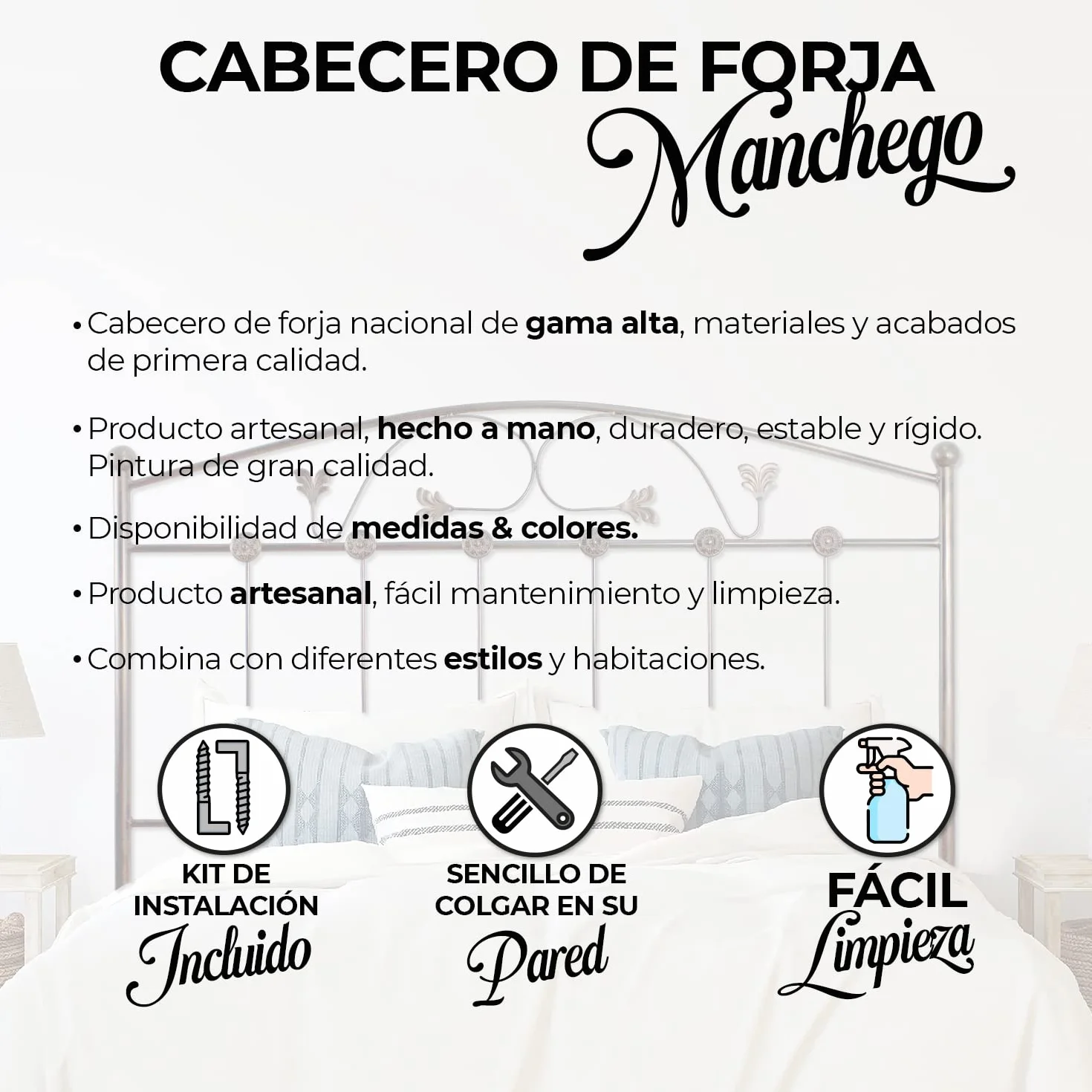 El Herrero Cabecero de Forja Manchego | Cabezal para Cama de Matrimonio e Individual | Producto Artesanal de España Blanco, para Cama de 135 (142cm)