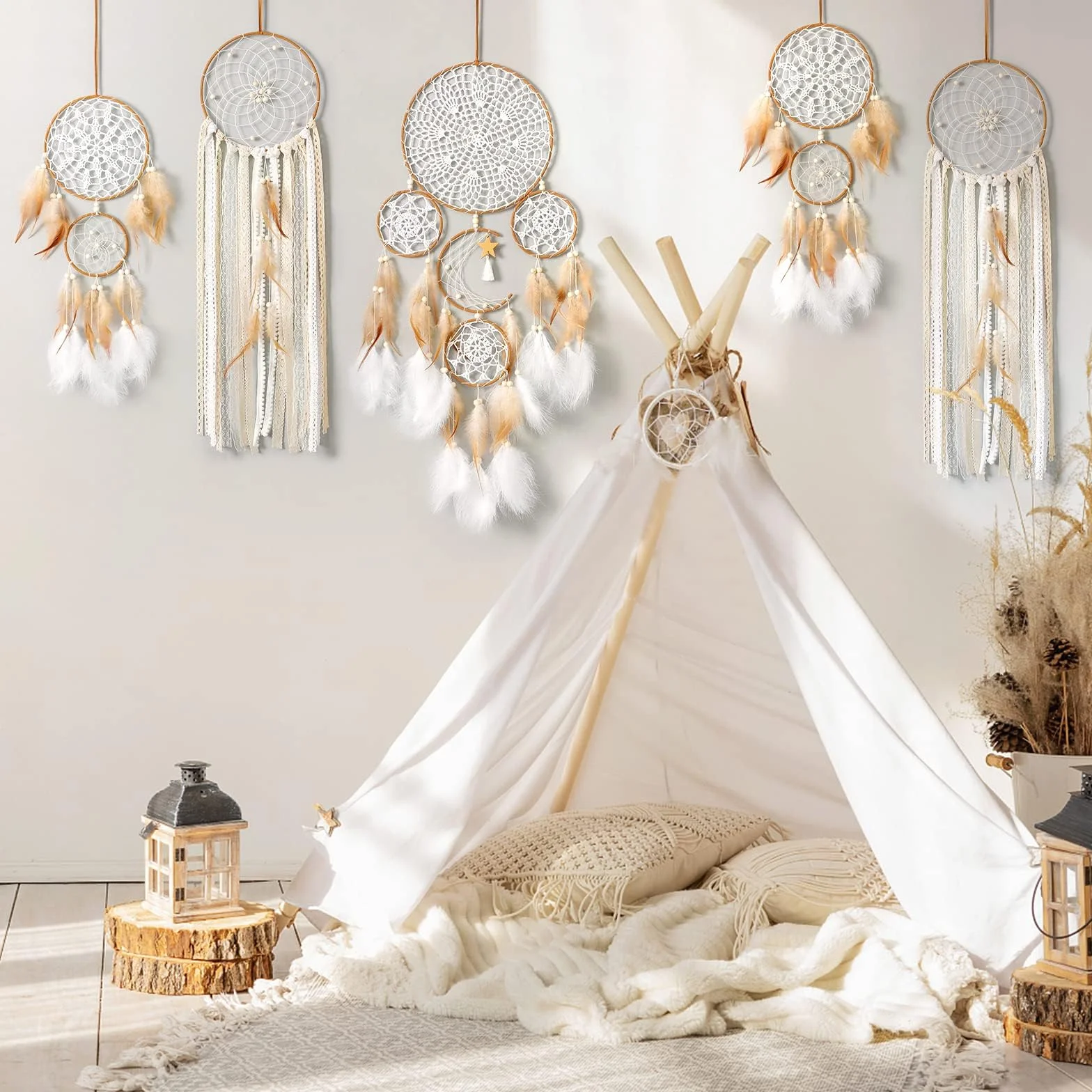 LOMOHOO Juego de 5 atrapasueños con diseño de luna y sol, macramé bohemio, para colgar en la pared, decoración de habitación, plumas hechas a mano, para dormitorio de niños y niñas, decoración del