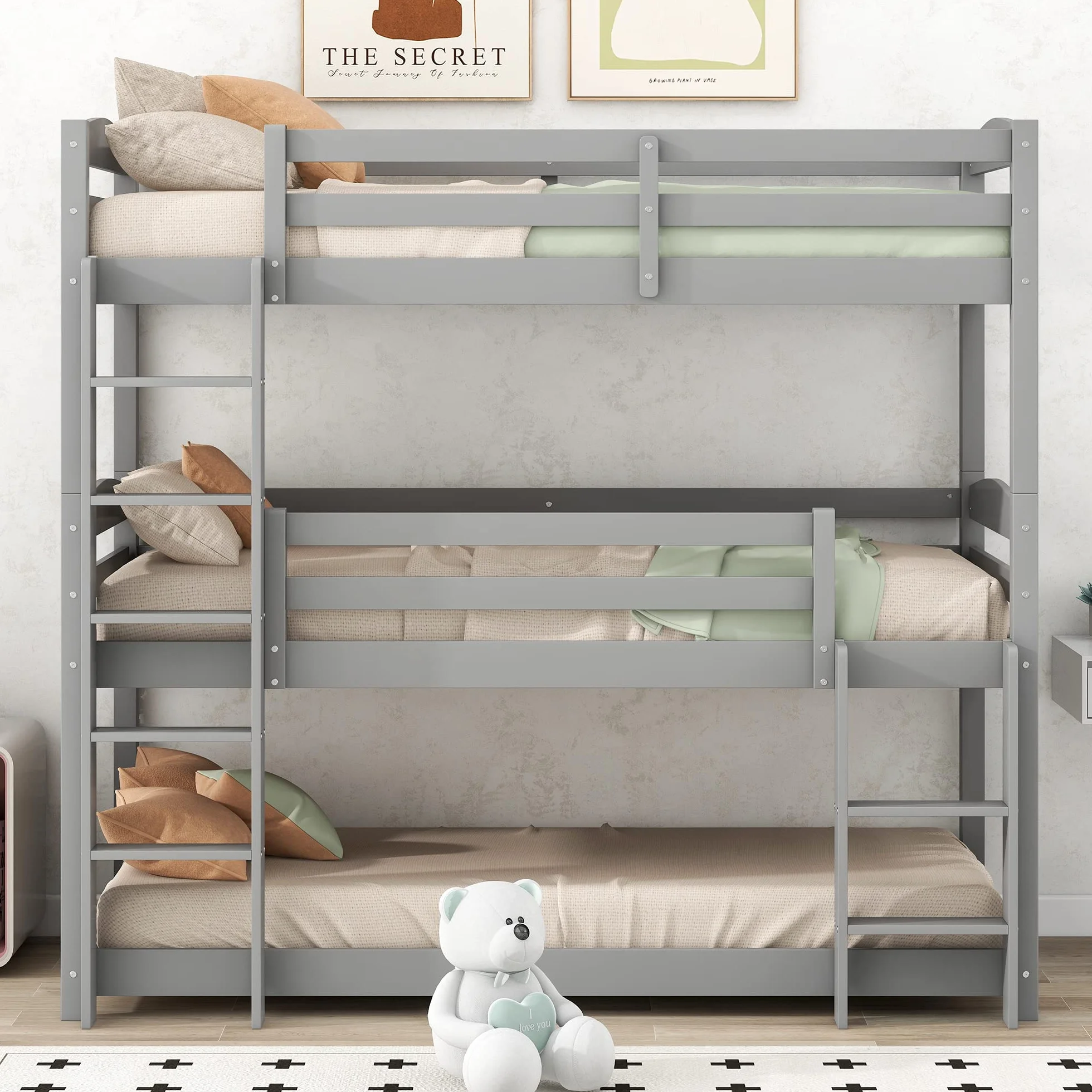 Azkoeesy Litera para 3 Niños 90x200 cm, Estructura Modular, con Somier y Barandilla de Seguridad, Madera de Pino Color Gris
