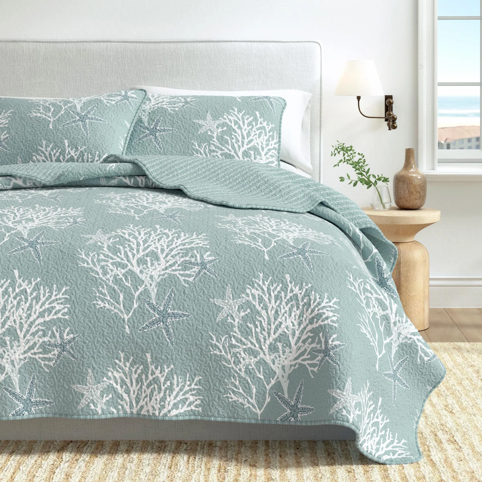 Juego de ropa de cama tamaño King, colcha costera de verano con fundas, juego de colcha reversible de 3 piezas para todas las estaciones. Colcha náutica ligera. Colección Fenwick, azul éter.