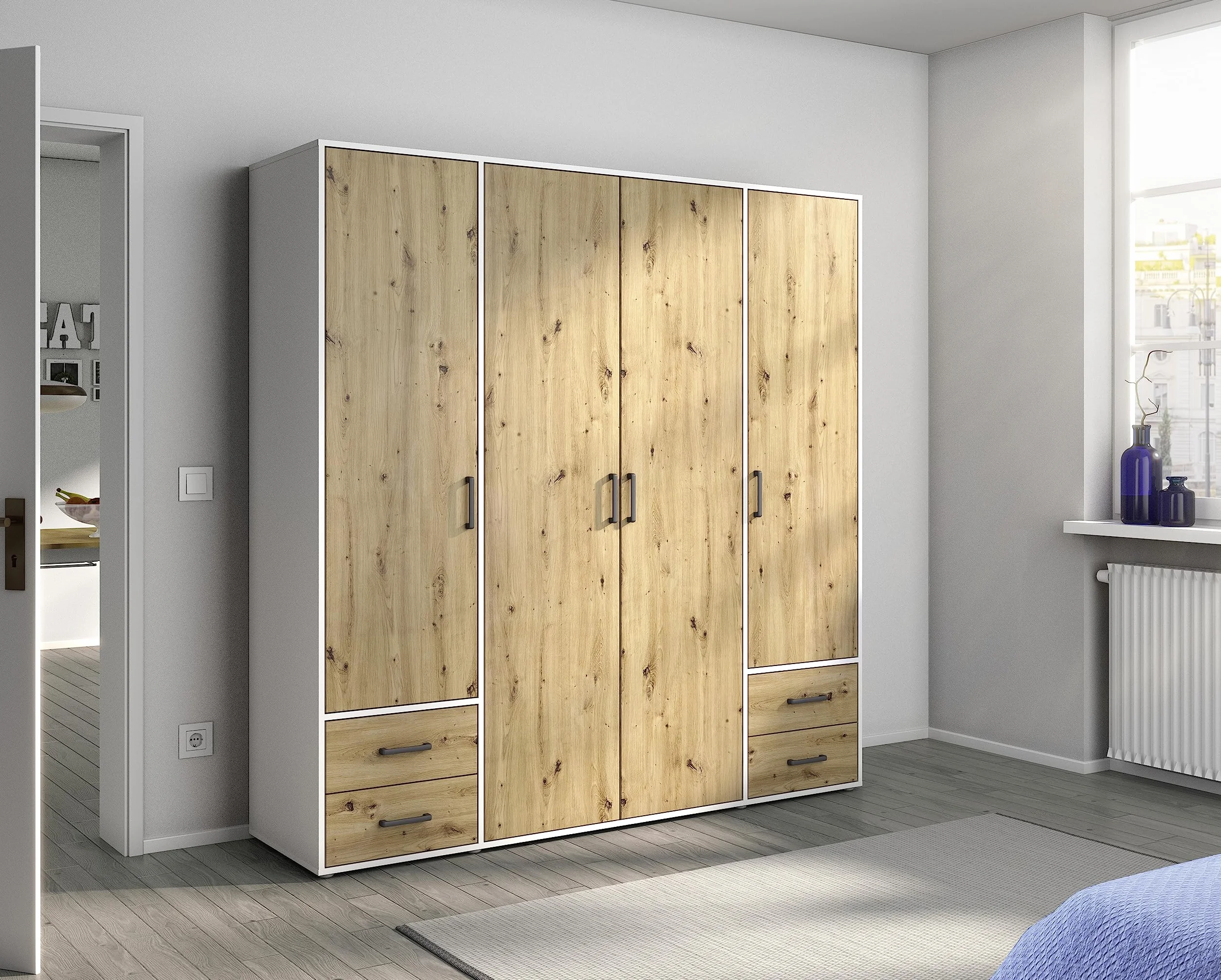 Rauch Möbel Voyager - Armario de 4 Puertas con 4 cajones (Roble Artisan/Blanco Alpino, Incluye 1 Barra para Colgar, 5 estantes, 187 x 194 x 53 cm)