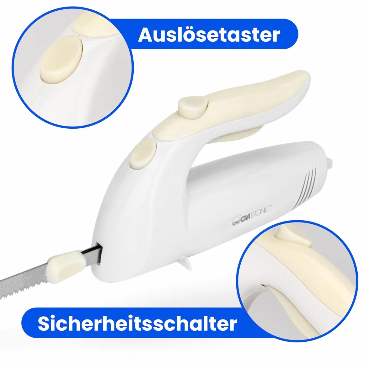 Clatronic EM 3062 - Cuchillo eléctrico dentado de acero inoxidable, 150 W, color blanco