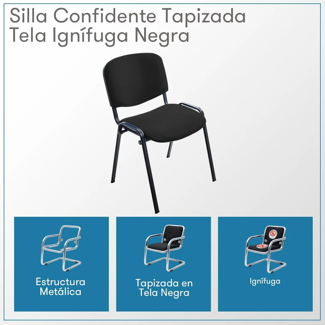Rocada | Silla Confidente Tapizada - Tela Ignífuga Negra - Estructura Metálica Resistente - Asiento para Visitas y Reuniones - Diseño Sobrio para Sala de Espera - 57 x 81 x 48 cm
