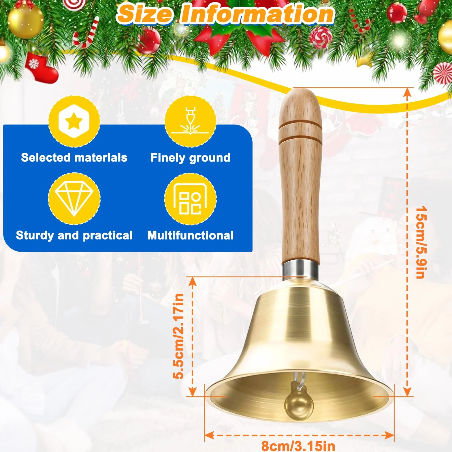 Campana Mano Súper Ruidosa con Mango Madera, Campanas Servicio Atención Metal Clásicas, Cascabeles Papa Noel Campanilla Navidad Latón para Escuela, Recepción Cena, Hotel, Decoración Hogar (Oro)