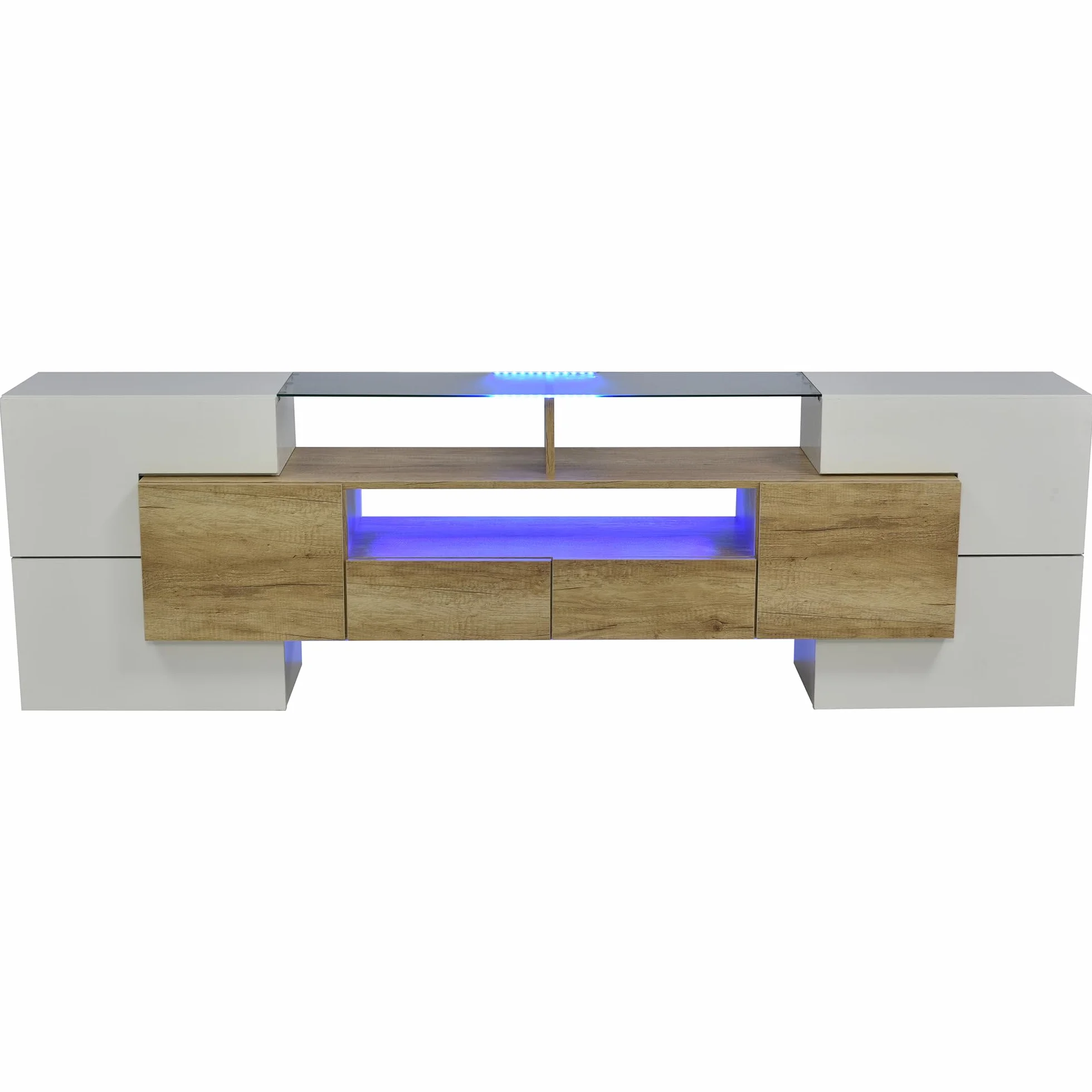 LAKFEW Mueble TV 200cm de hasta 85 Pulgadas con Iluminación LED y Almacenaje, Mueble TV Salon con 6 Puertas y 2 Cajones, Muebles TV con 3 Compartimentos, 200x35x60 cm, Blanco+Color Madera
