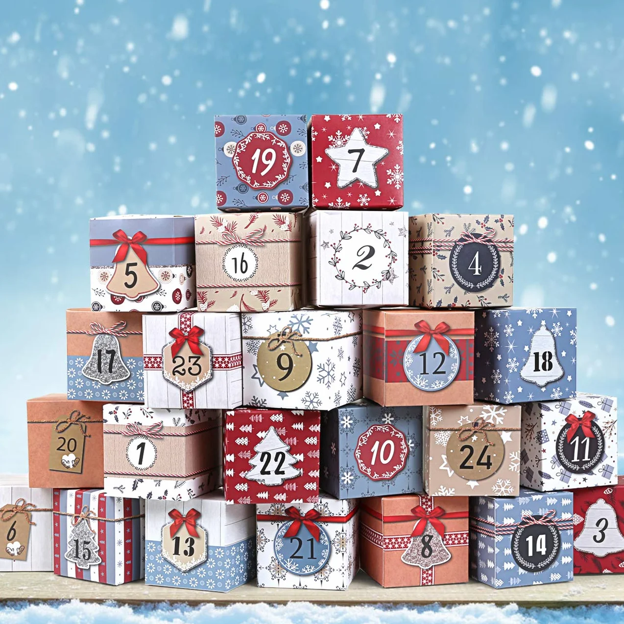 LIHAO Calendario de Adviento 24 Cajas Cuadradas Navidad Caja Regalos Papel Caramelos Dulces Galletas Chocolates DIY
