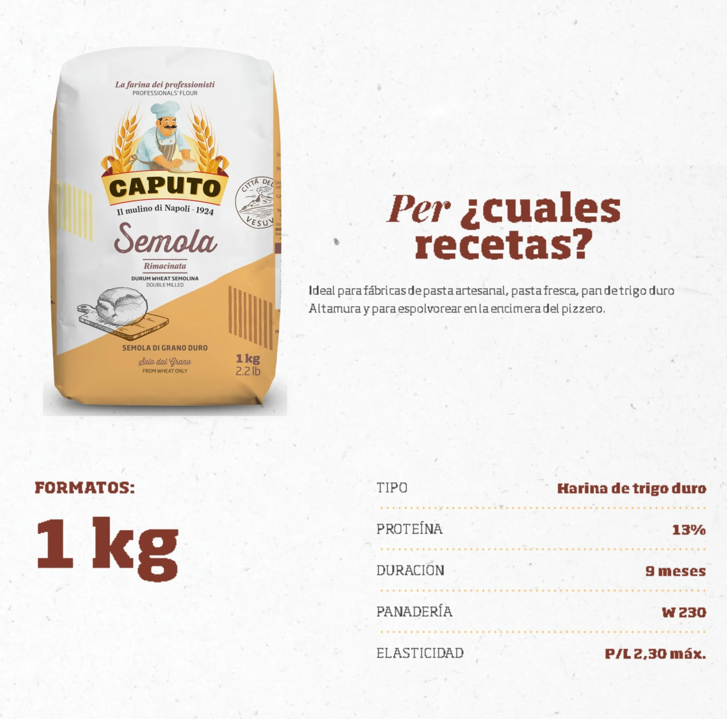 Caputo Semola Rimacinata 1 kg Harina de Sémola de Trigo Duro Italiana para Pasta Fresca, Pizza y Pan