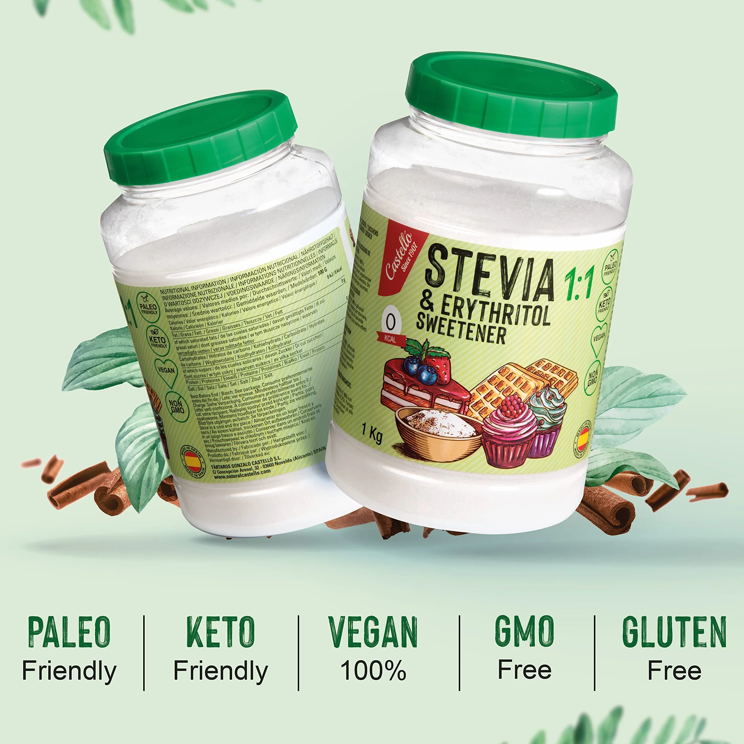 Castillo Stevia Eritritol 1:1 1 kg Sustituto del Azúcar 100% Natural 0 Calorías Keto Paleo No OGM