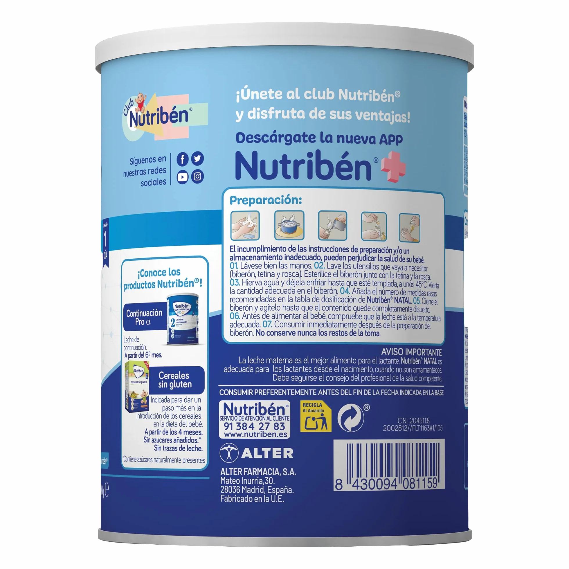 Nutribén Natal Pro Alfa 1 Leche en Polvo Bebé 1 Fórmula sin Aceite de Palma con DHA 400g