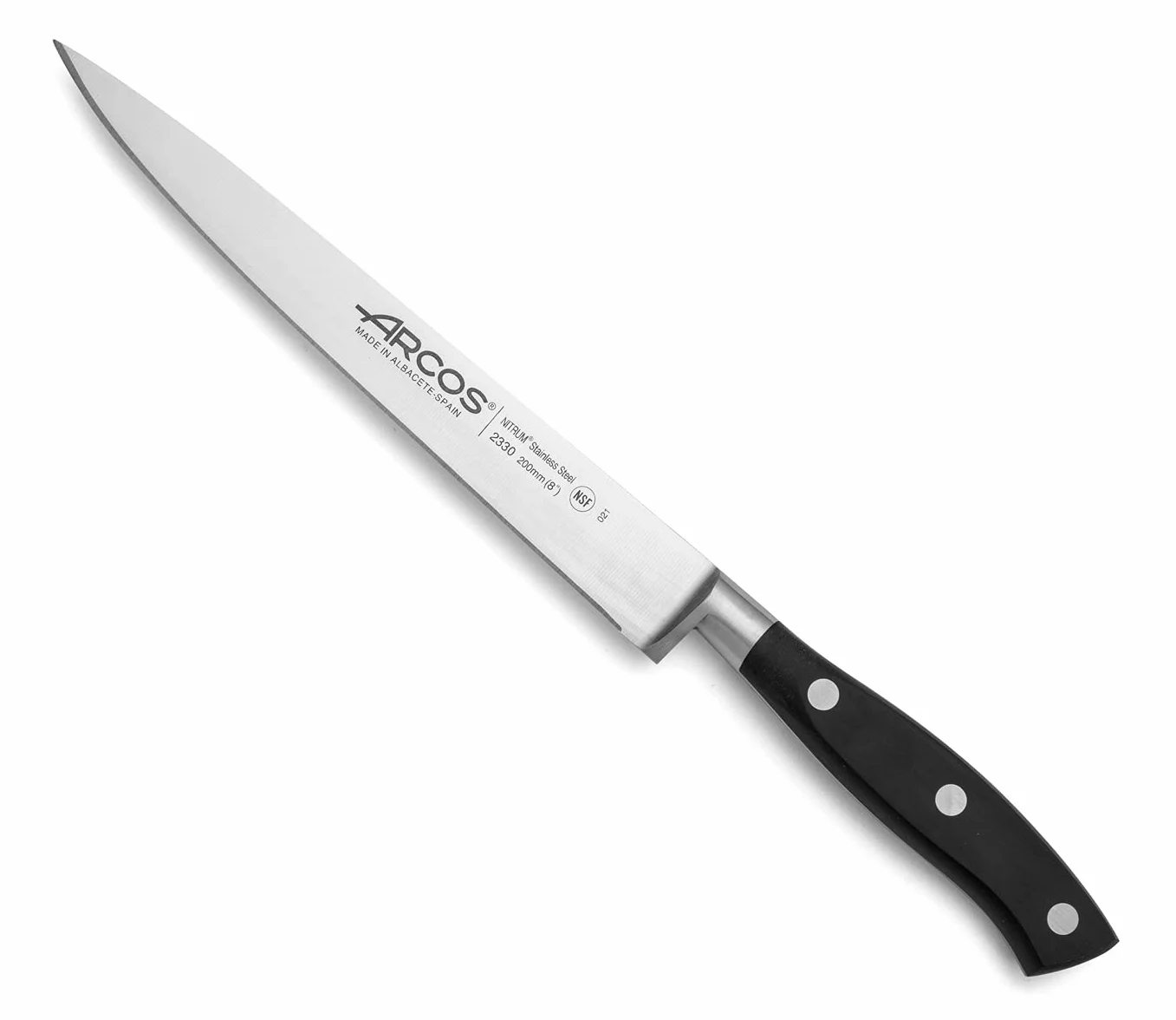 Arcos Cuchillo para filetear con Hoja Acero Inoxidable Nitrum 200 mm. Cuchillo afilado para filetear carne y pescado. Mango ergonómico polioximetileno POM. Serie Riviera. Color negro.