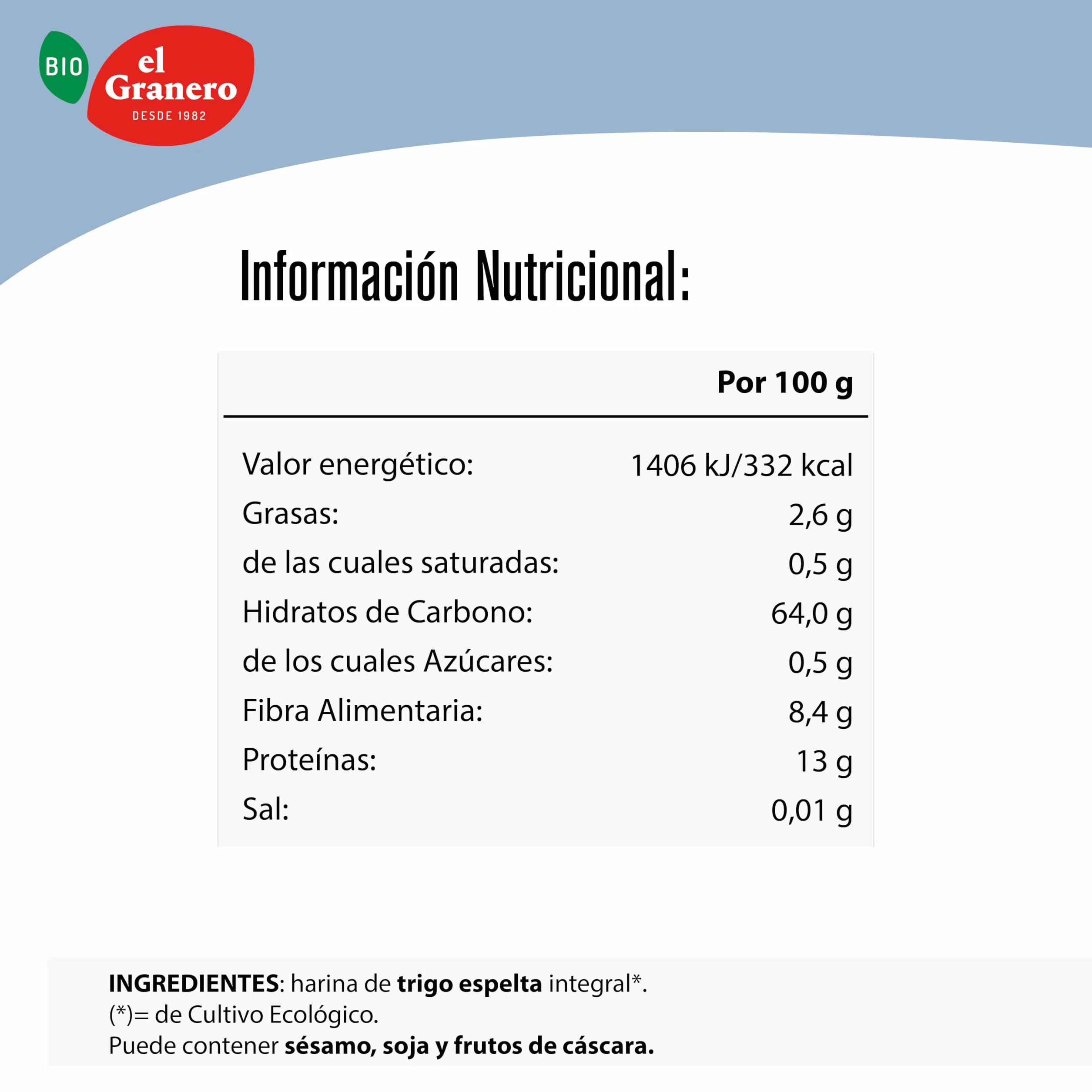 El Granero Integral Harina Ecológica de Trigo Espelta Integral 1 kg Sin Azúcar Añadido