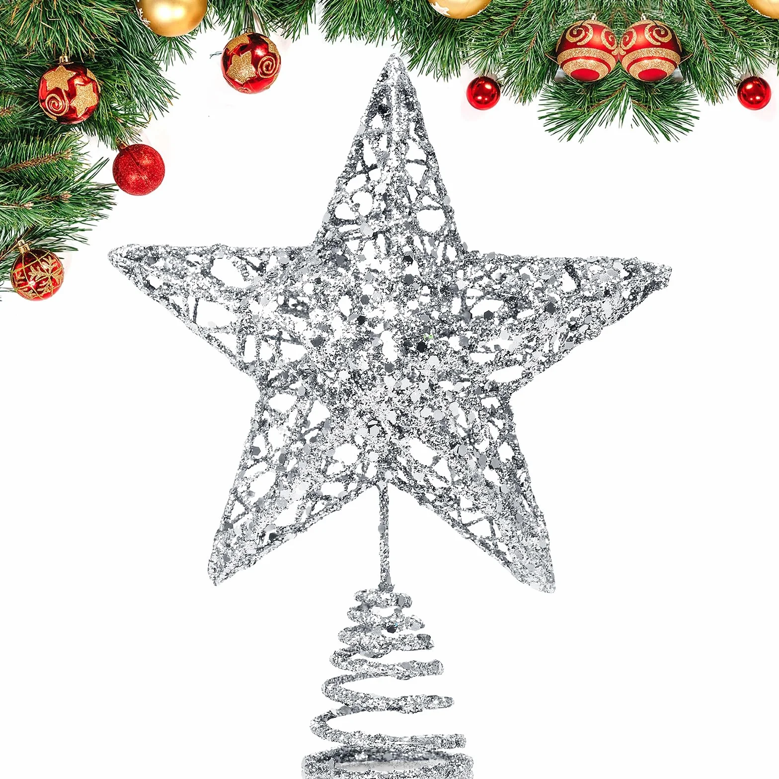 Estrella Plateada Metálica con Purpurina 3D para Árbol de Navidad 20x15 cm
