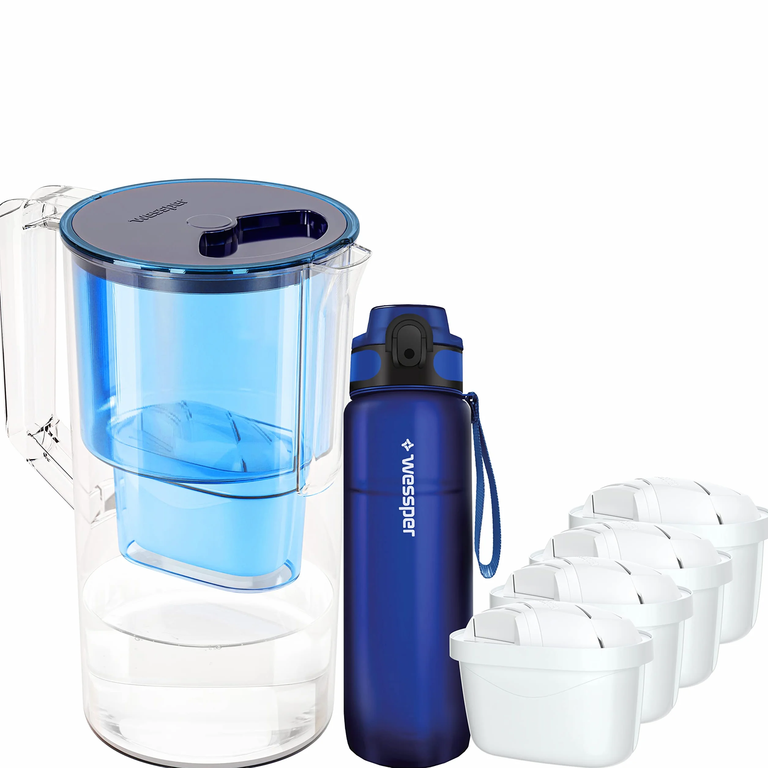 Wessper Kit Jarra Filtradora de Agua 2.5L | Tritan Botella de Agua con Marcador de Tiempo Motivadora 500 ml | 5x Cartuchos Filtrantes Reemplazo para Dafi Unimax BRITA Maxtra+ PHILIPS AWP212/10, Azul