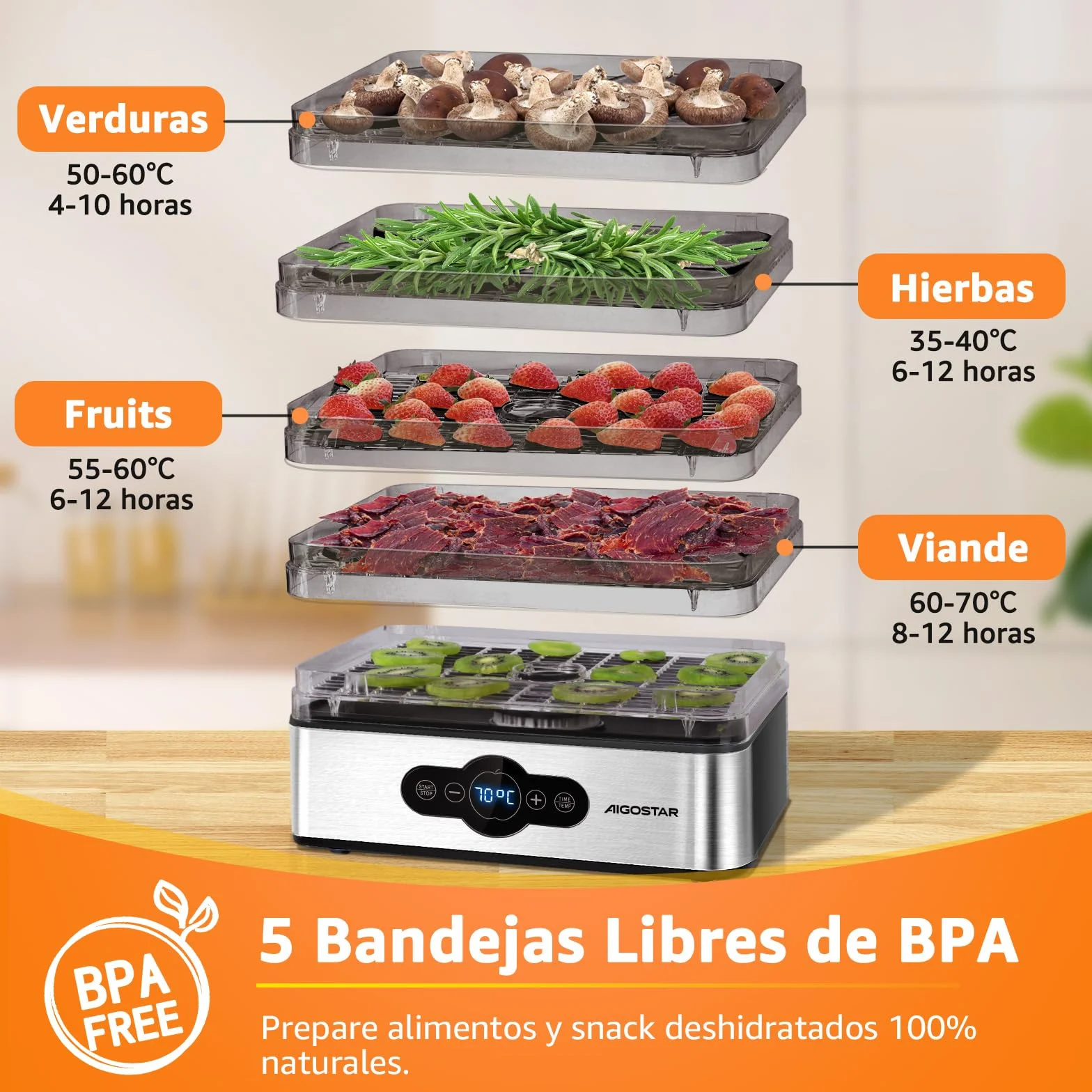 Aigostar Crispy Deshidratador de Alimentos 240W 5 Bandejas Altura Regulable Pantalla LED Temporizador 99H Temperatura Ajustable Sin BPA