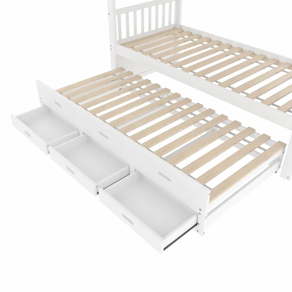 Litera infantil de 90x200cm con escalera, cama extraíble y 3 cajones, estructura de pino y MDF, barandilla alta, convertible en 2 camas individuales, colchón no incluido, Blanco