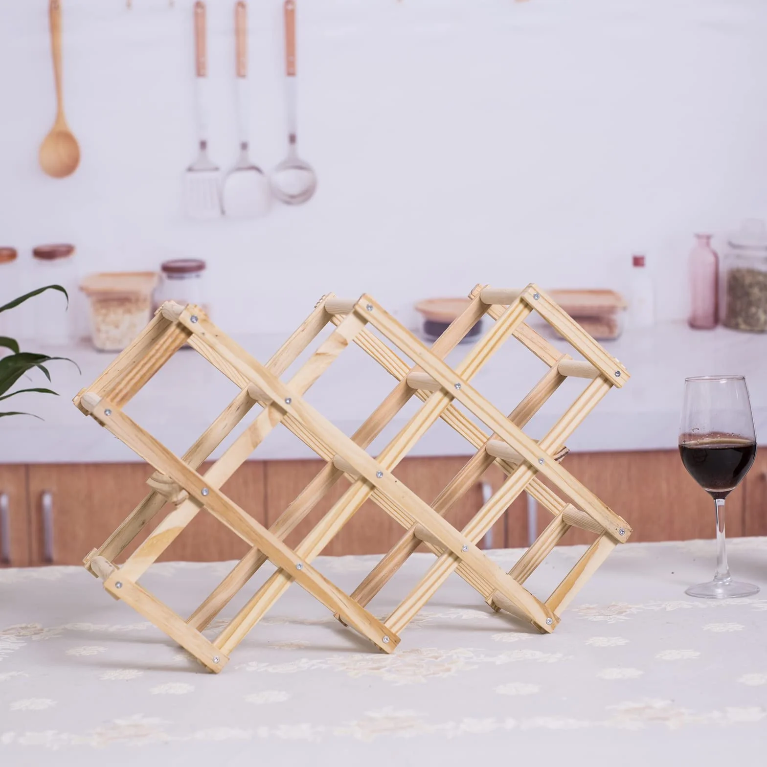 Newaner botellero vino plegable almacenar 10 botellas de vino 45X12.5X31CM, estante de madera hecho a mano de 3 niveles , Organizador de Vino presentación para bar, sala de estar y cocina