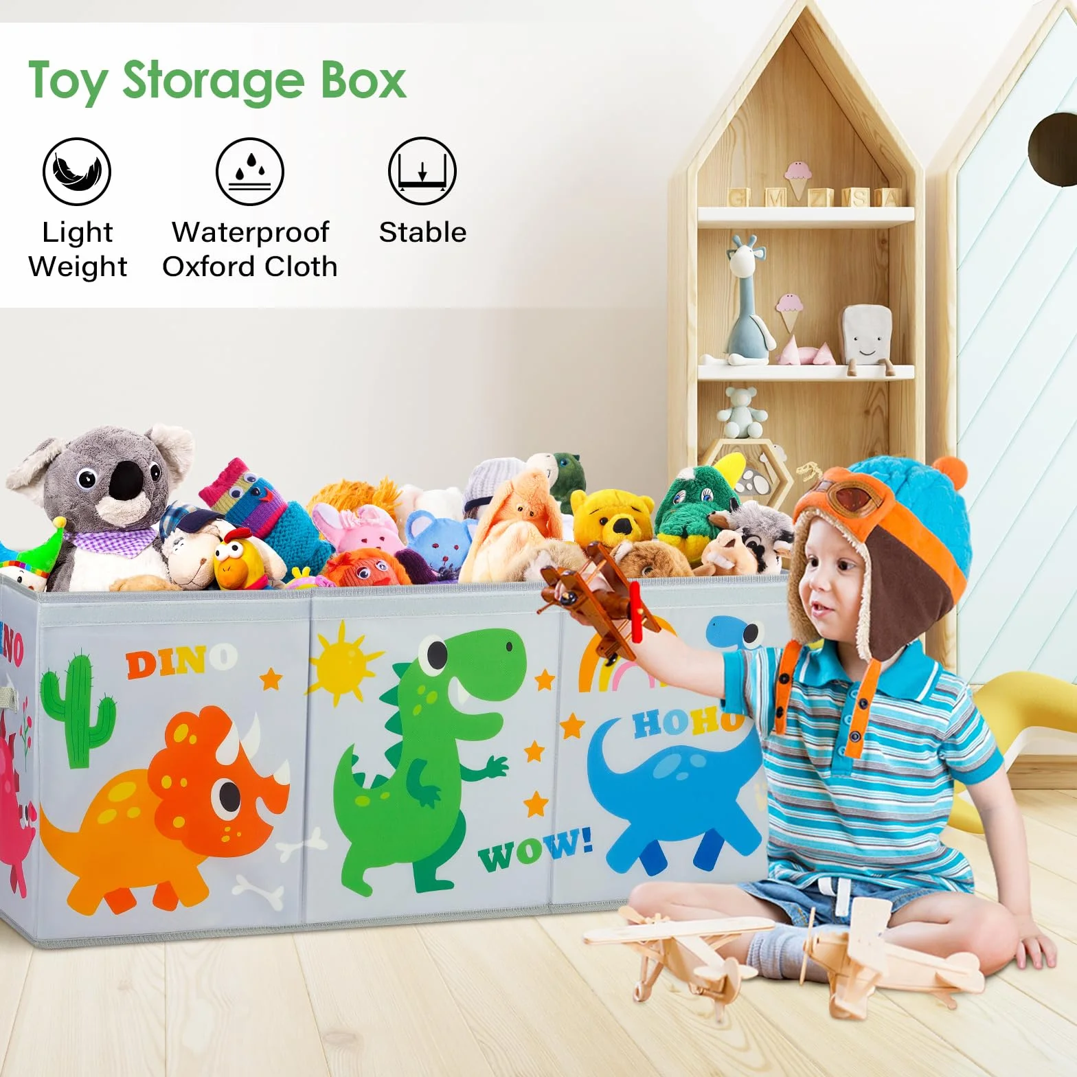 decalsweet Caja de Juguete Extra Grande con Tapa Abatible, Caja Almacenaje Oxford Plegable con Asa para Niños Niñas, Baúl Juguetes y Almacenamiento Impermeable Resistente, 96×32×40 (Dinosaurios Gris)