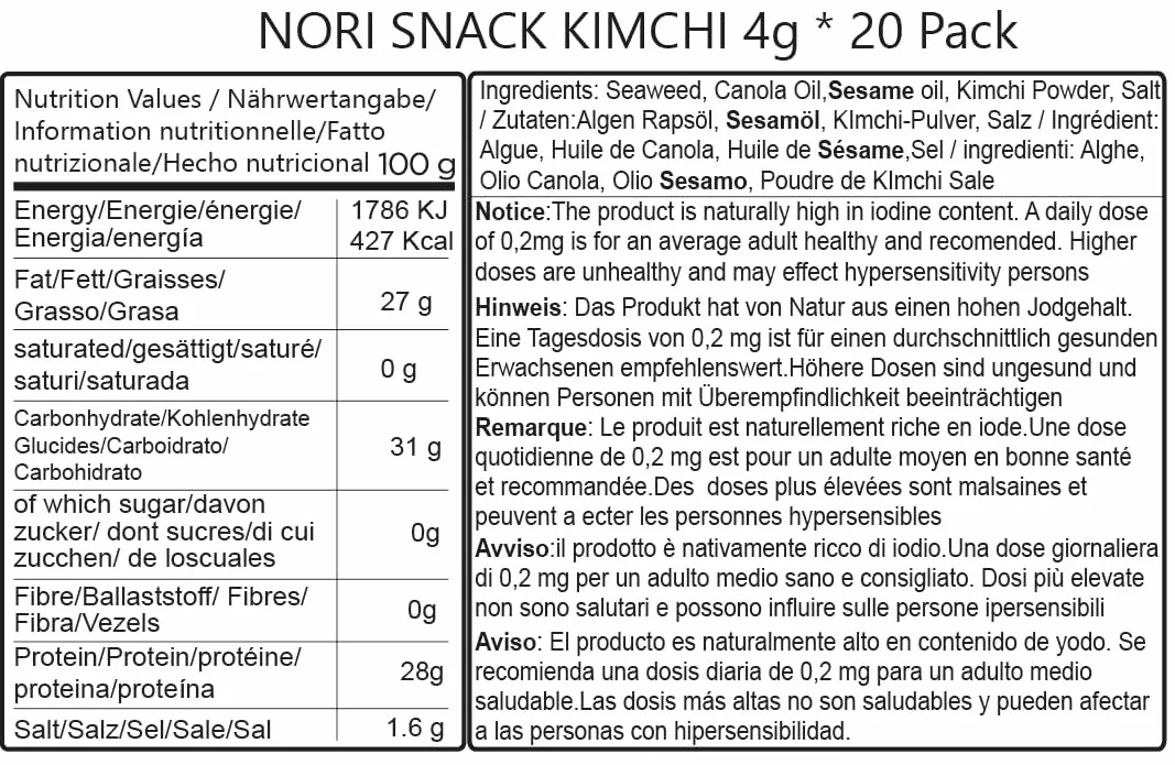 Daechun Kimchi Bocadillos de Algas Marinas Paquete de 20 Vegano Cetogénico