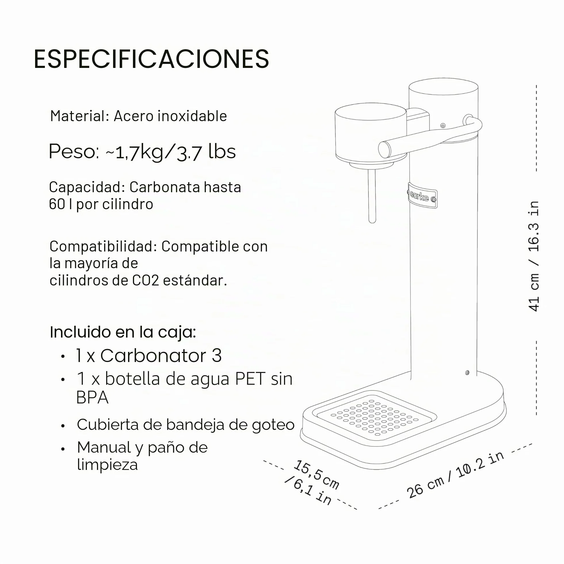 Aarke Carbonator 3, Máquina para hacer Agua con Gas en Acero Inoxidable con Botella 800ml