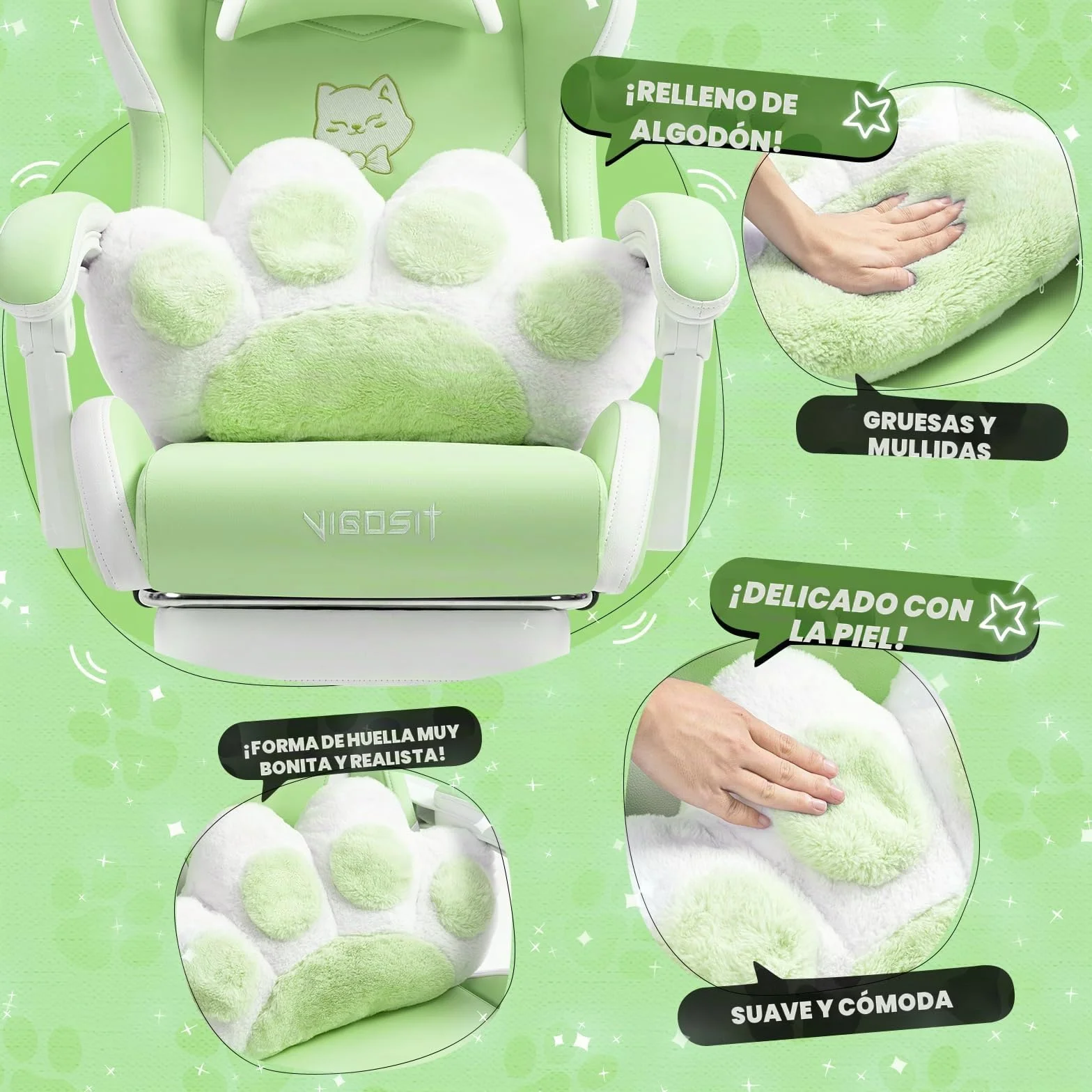 Vigosit Silla de juegos linda con cojín lumbar de pata de gato y orejas de gato, silla de juegos ergonómica con reposapiés, sillón de PC ajustable para niñas, adolescentes, niños, verde