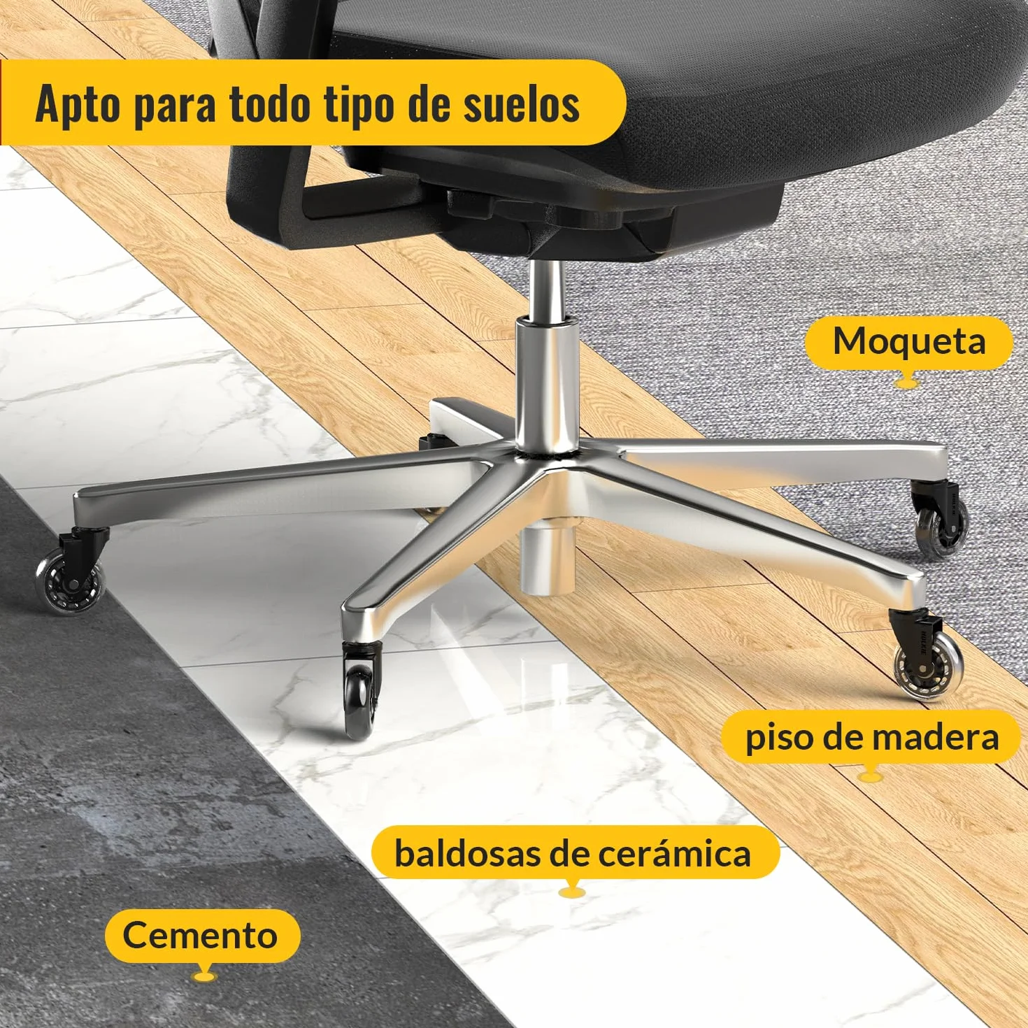 Ruedas para Silla Oficina Set de 5 - Ruedas para Muebles 11mm Suelo Madera y Alfombra - Reemplazo Silla Oficina Goma Silencioso