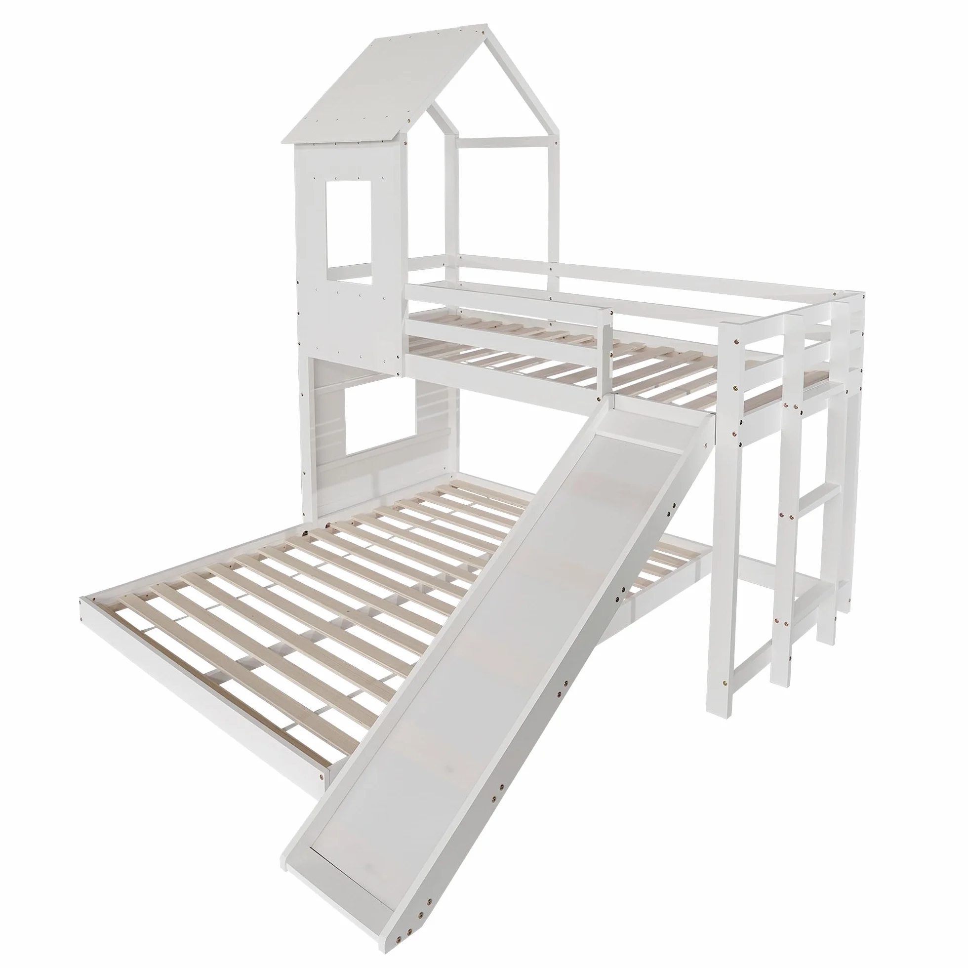 Azkoeesy Litera Infantil con Tobogán (90 x 200 y 140 x 200) - Cama Familiar en Forma de casa con somier/anticaídas para niños y Adultos, Cama de Invitados, Cama Juvenil, Madera de Pino, Color Blanco