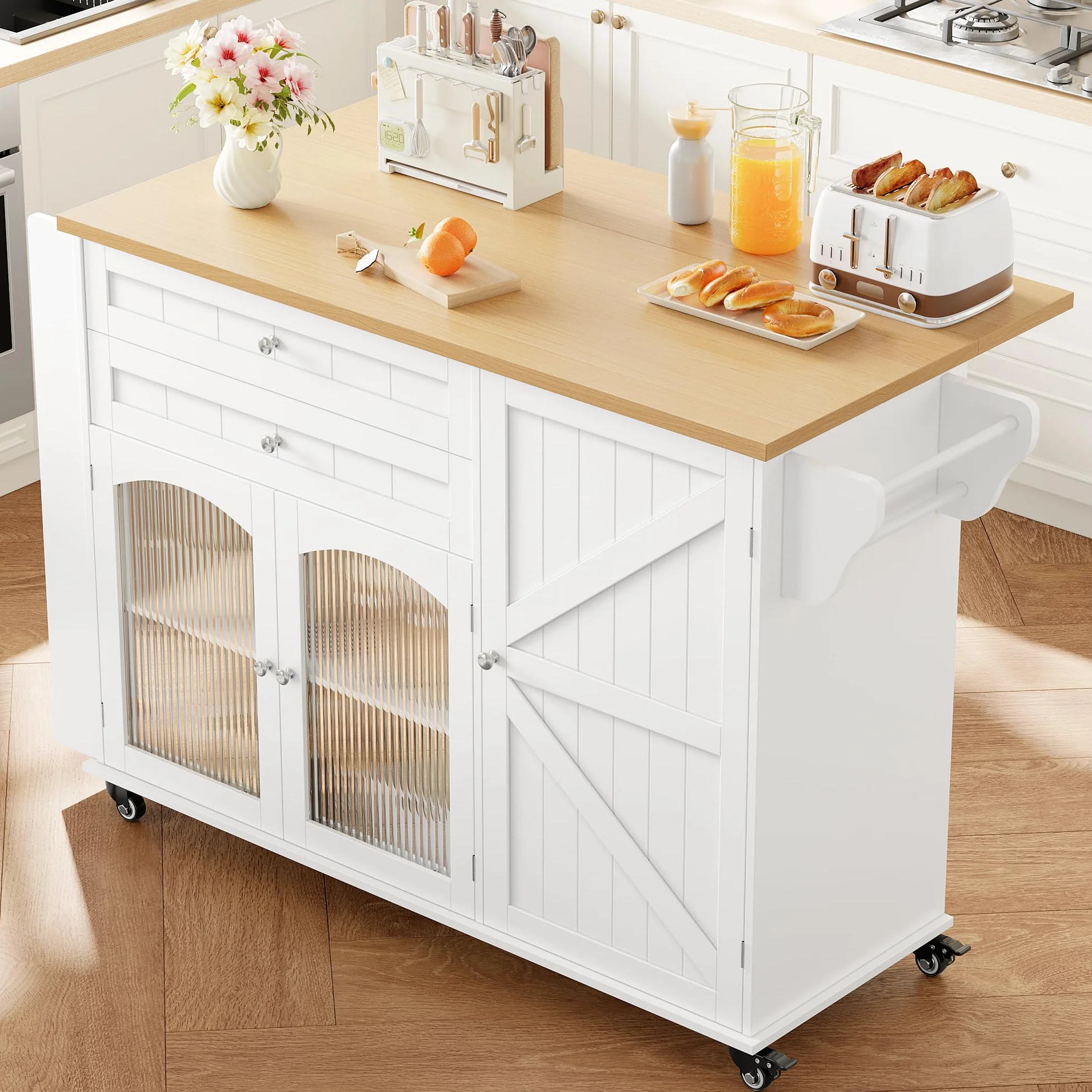 FirFurd Isla Cocina con Ruedas, Isla de Cocina con Barra, Mueble Cocina Auxiliar, con Mesa Plegable, con 5 Ruedas, 2 Cajones y 3 Puertas, Especiero y Toallero (Blanco)