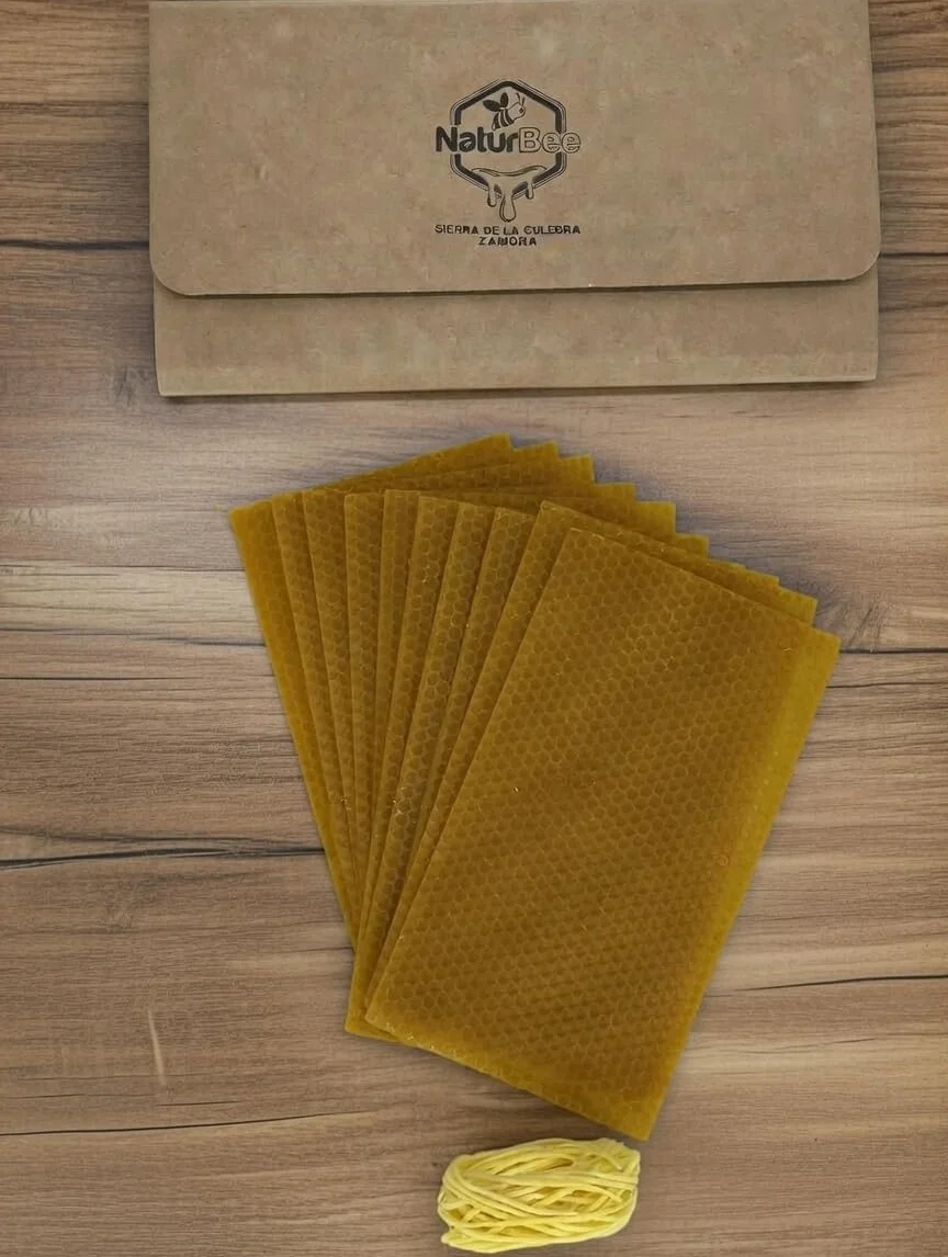 Kit fabricar velas cera abeja natural España 10 láminas 21x11,5 cm + mecha encerada