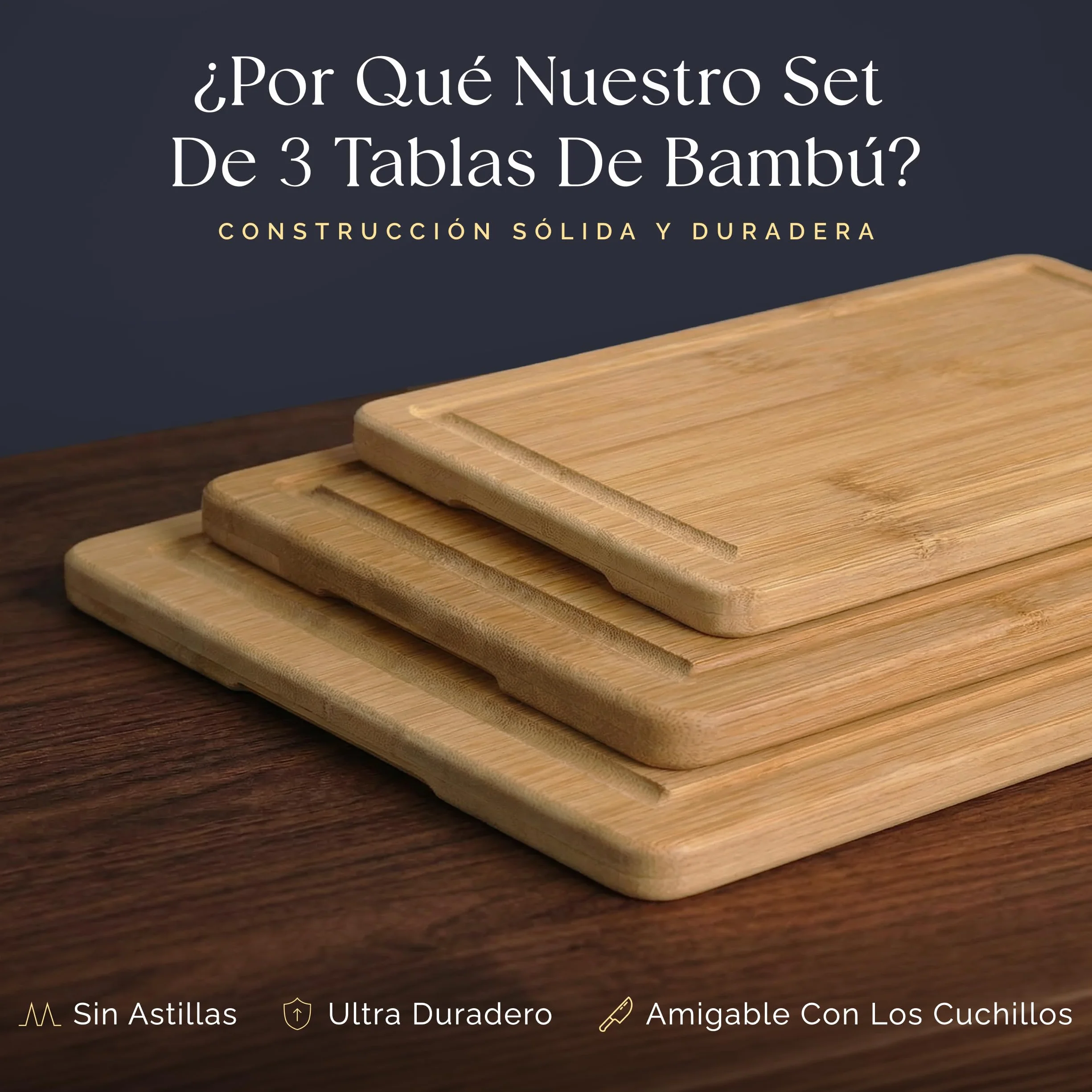 Deer & Oak Set de 3 Tablas de Cortar Bambú con Asas y Ranuras 33x24 28x20 22x15 cm Pre-aceitadas Ecológicas