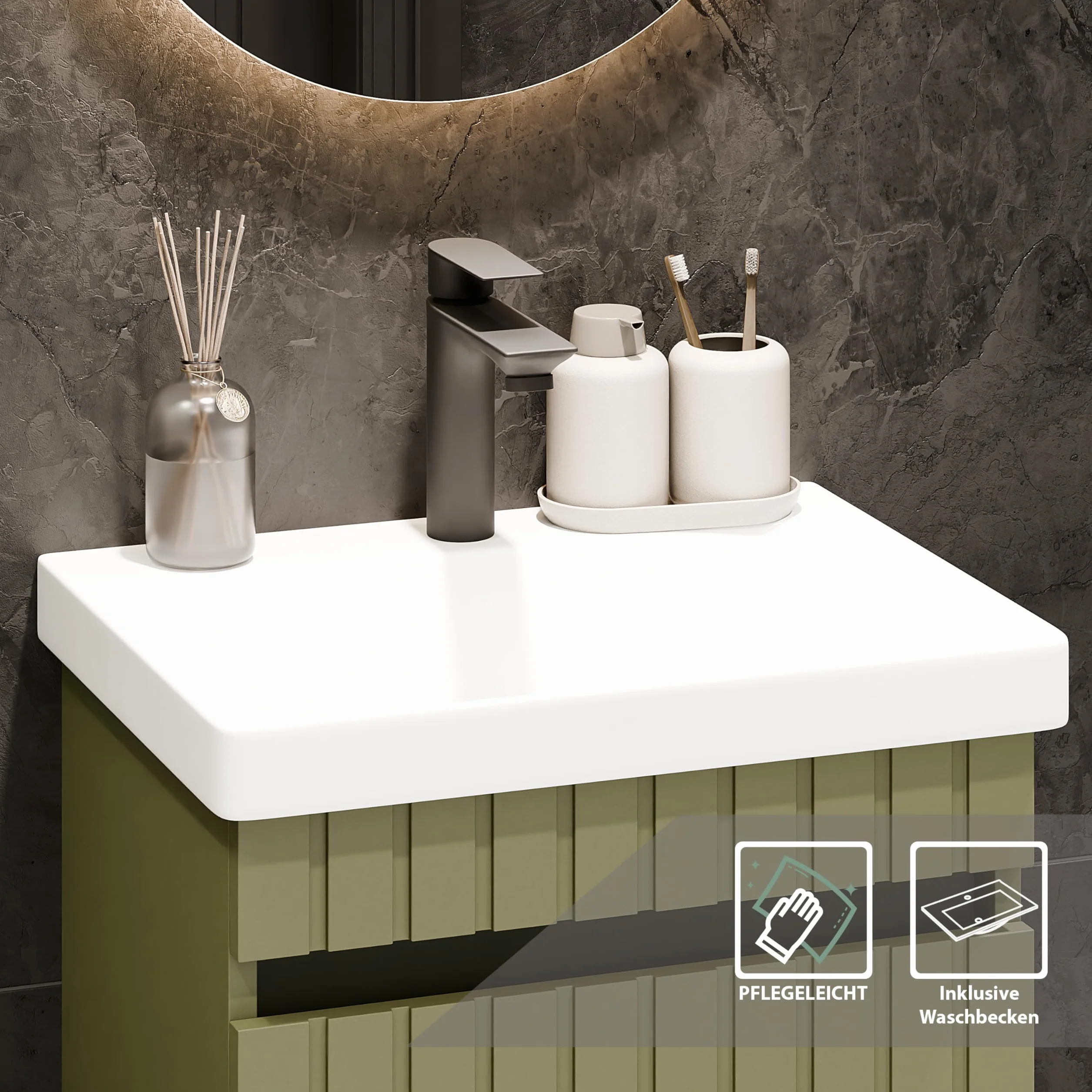 Planetmöbel Cosmia - Set de muebles de baño con lavabo y armario bajo 50 x 60 x 35 cm, color verde menta, grifo de baño negro, lavabo de cerámica con puerta