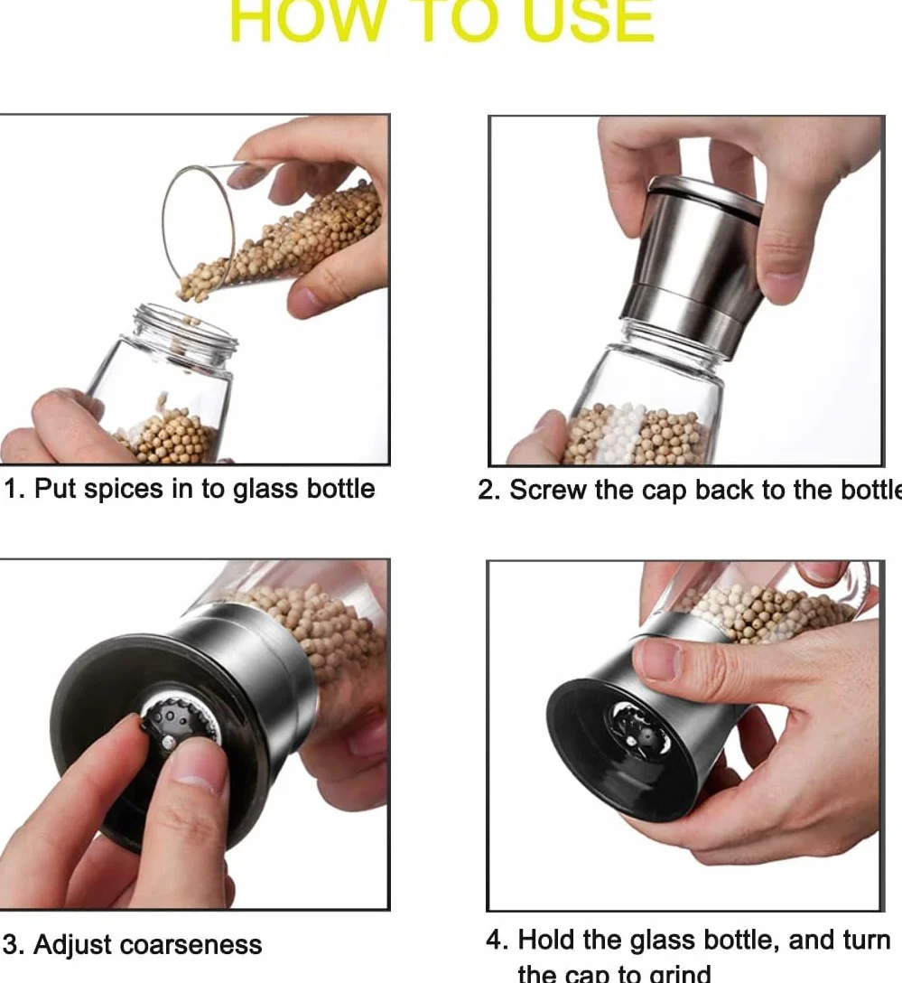 Juego de 3 Molinillos de Sal y Pimienta, Cierre de Acero Inoxidable y Molino de Cerámica con Grosor Ajustable Pimentero o Especiero, Molinos Manuales, 200ML