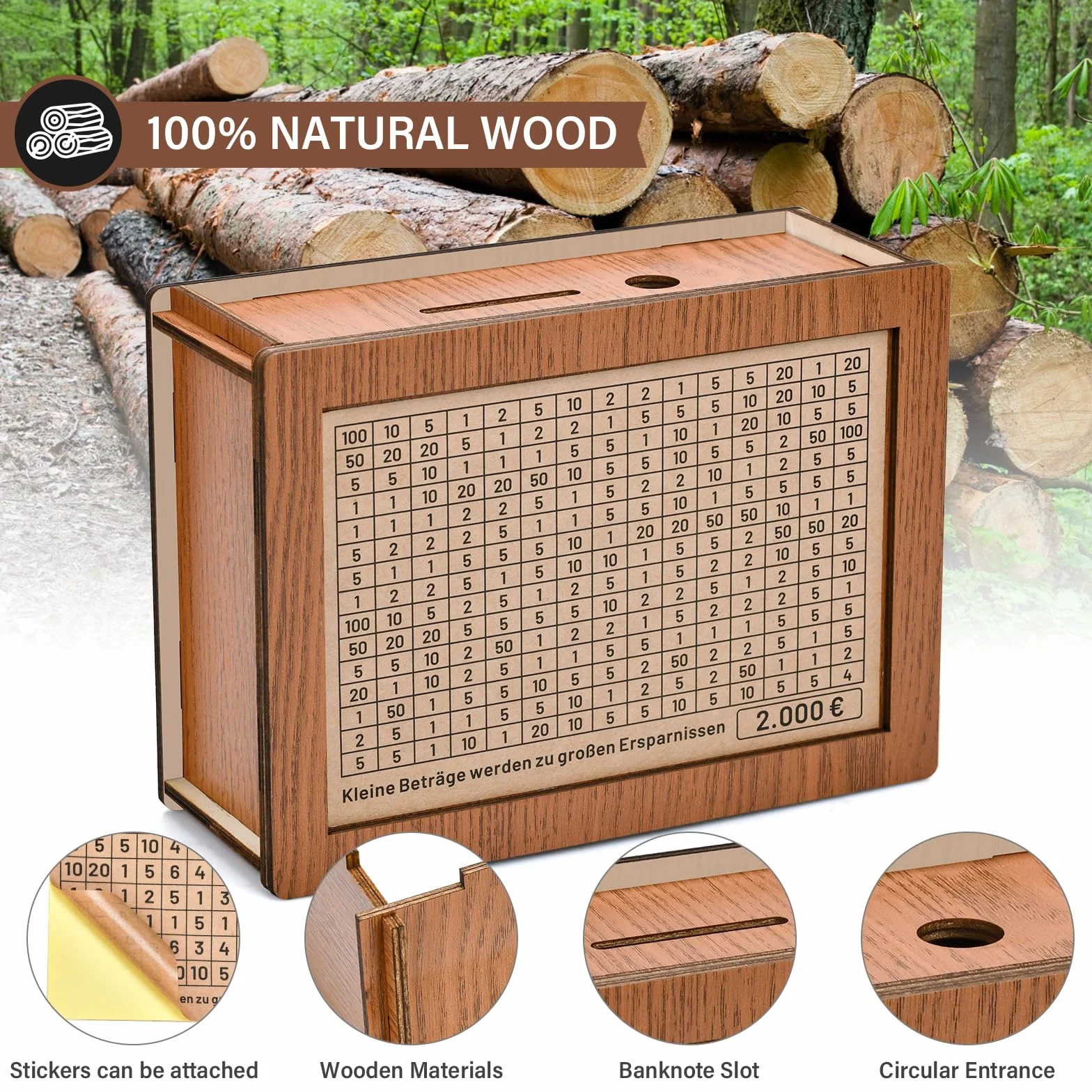Caja de Ahorro de Madera Con Números Marcados - Hucha Retro 22x15x13 cm Con Destino de Ahorro - Almacenamiento Reutilizable €500 €1,000 €2,000 €3,000 €5,000 Euro