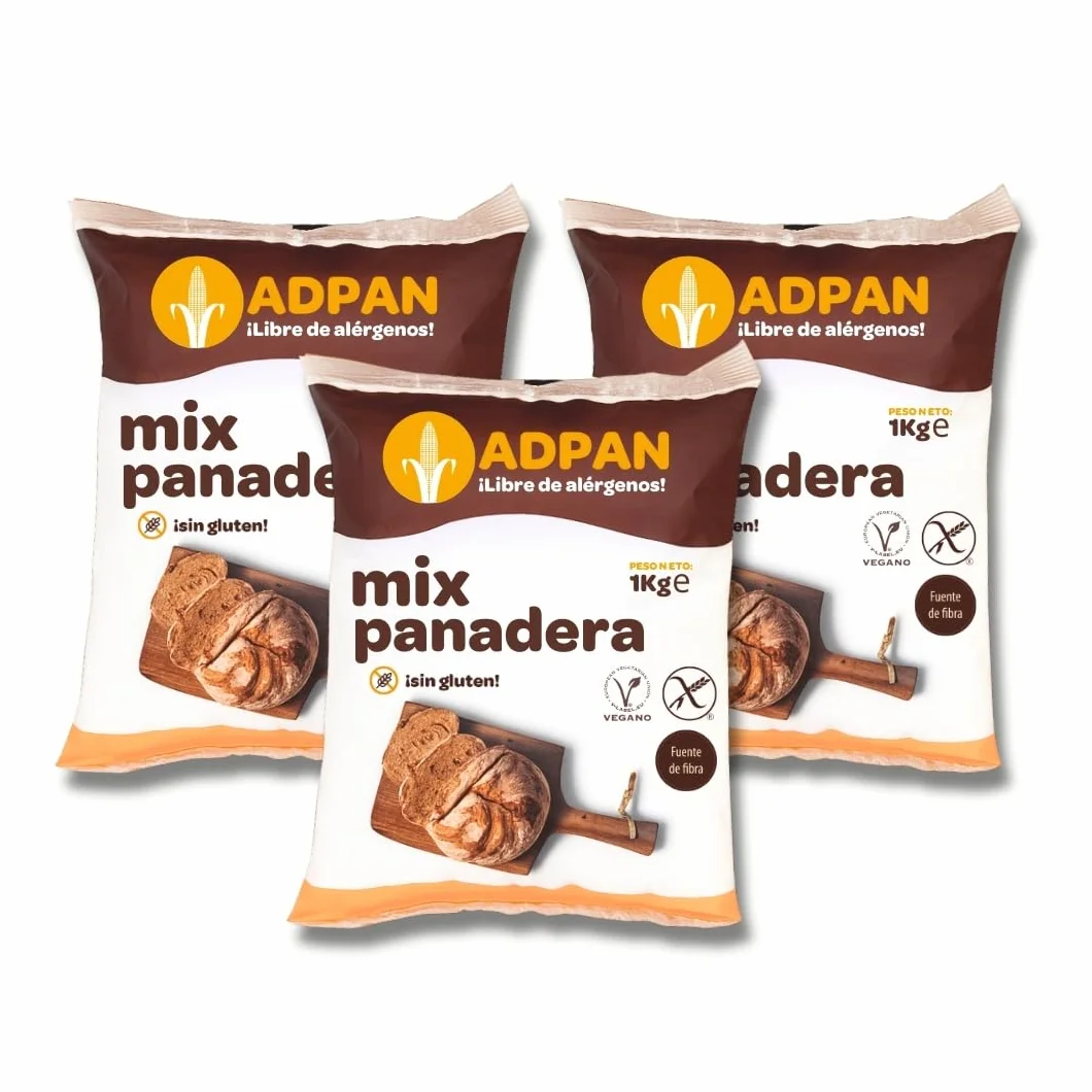 ADPAN Preparado de Pan Sin Gluten Harina Especial Vegano Mix Panadera Fibra Mezcla Sin Lactosa Pack 3x1kg