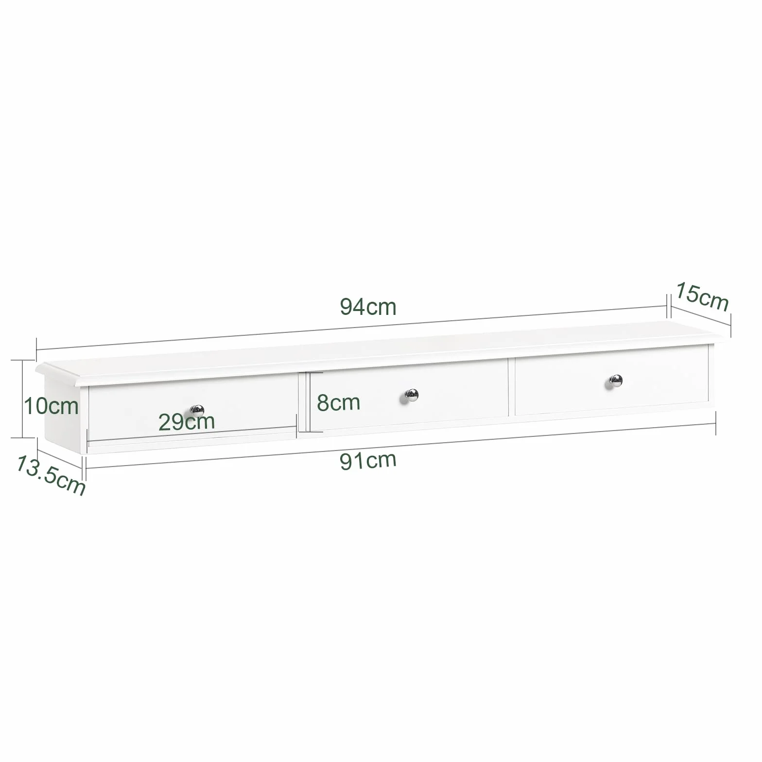 SoBuy Estante Flotante con 3 Cajones - Baldas Pared, Estantería Moderna para Entrada, Sala y Dormitorio - Blanco 94x15x10cm FRG43-L-W