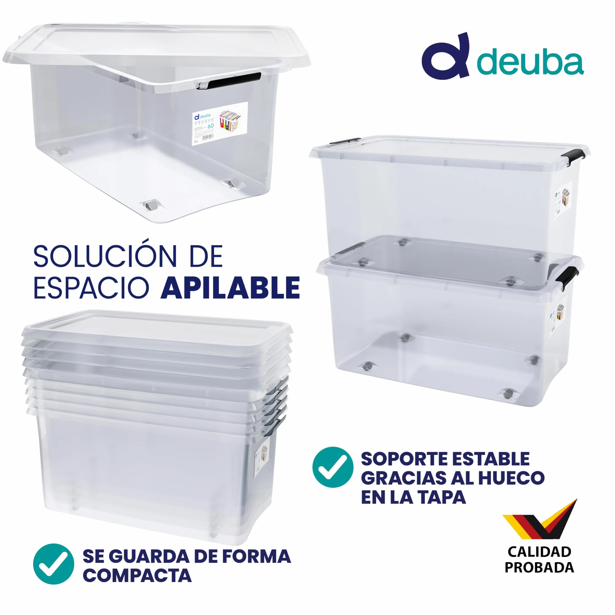 Deuba 4X Cajas de Almacenamiento 60L Tapa Clips de Cierre Transparentes Apilable