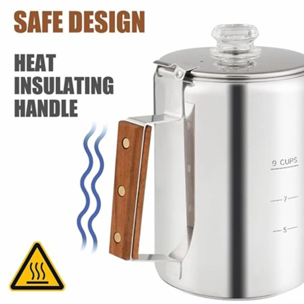 Percolador de café de acero inoxidable 9 tazas para fogata, camping con mango de madera compatible con inducción