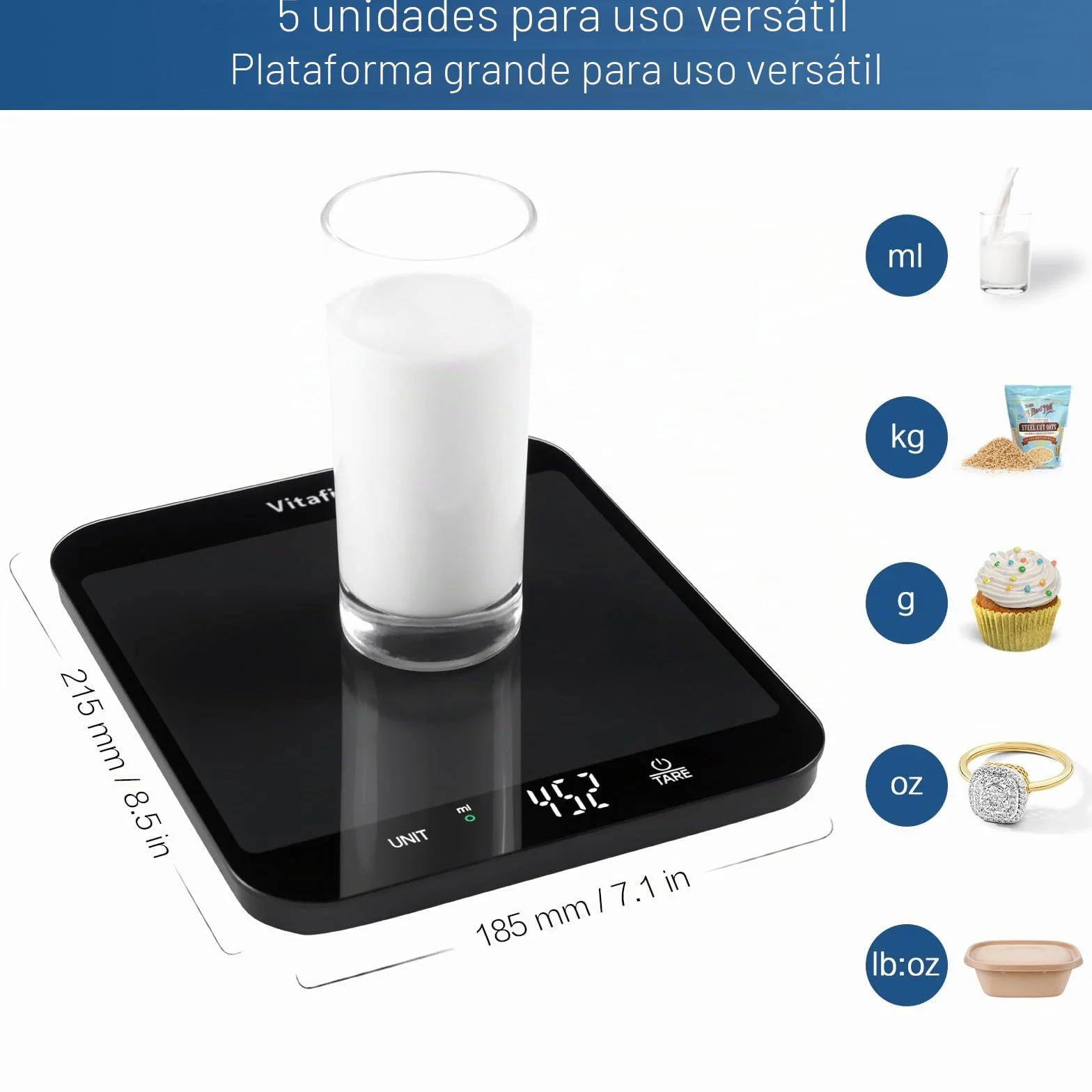 Vitafit Báscula Cocina Digital 15kg 1g Precisión Plataforma 215x180mm Negro