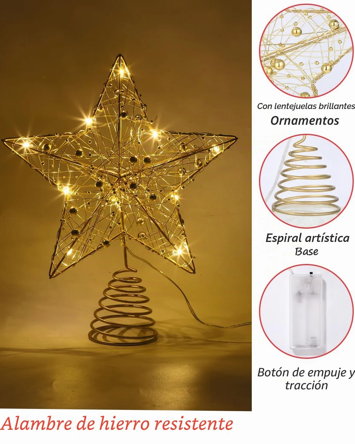 Estrella LED de Cinco Puntas para Árbol de Navidad - Decoración Topper de Metal Oro 25cm