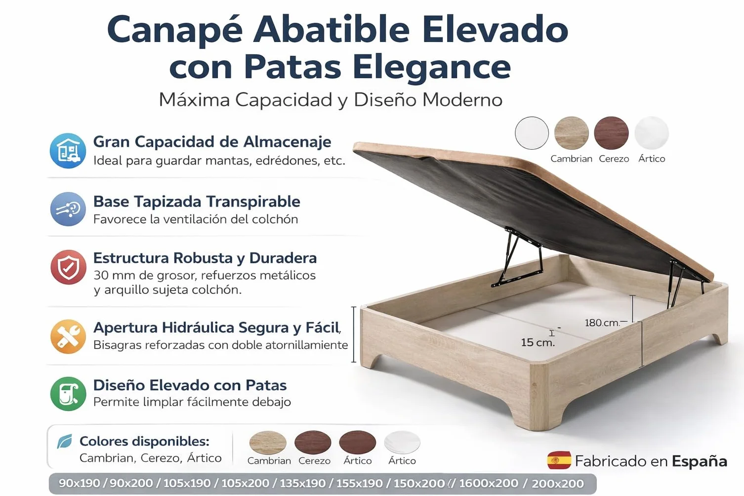 Matris - Canapé Abatible Elevado con Patas Elegance, Arcón Gran Capacidad, Base Transpirable 3D, Apertura Hidráulica, Estructura Reforzada, Varios Tamaños y Colores - con Montaje