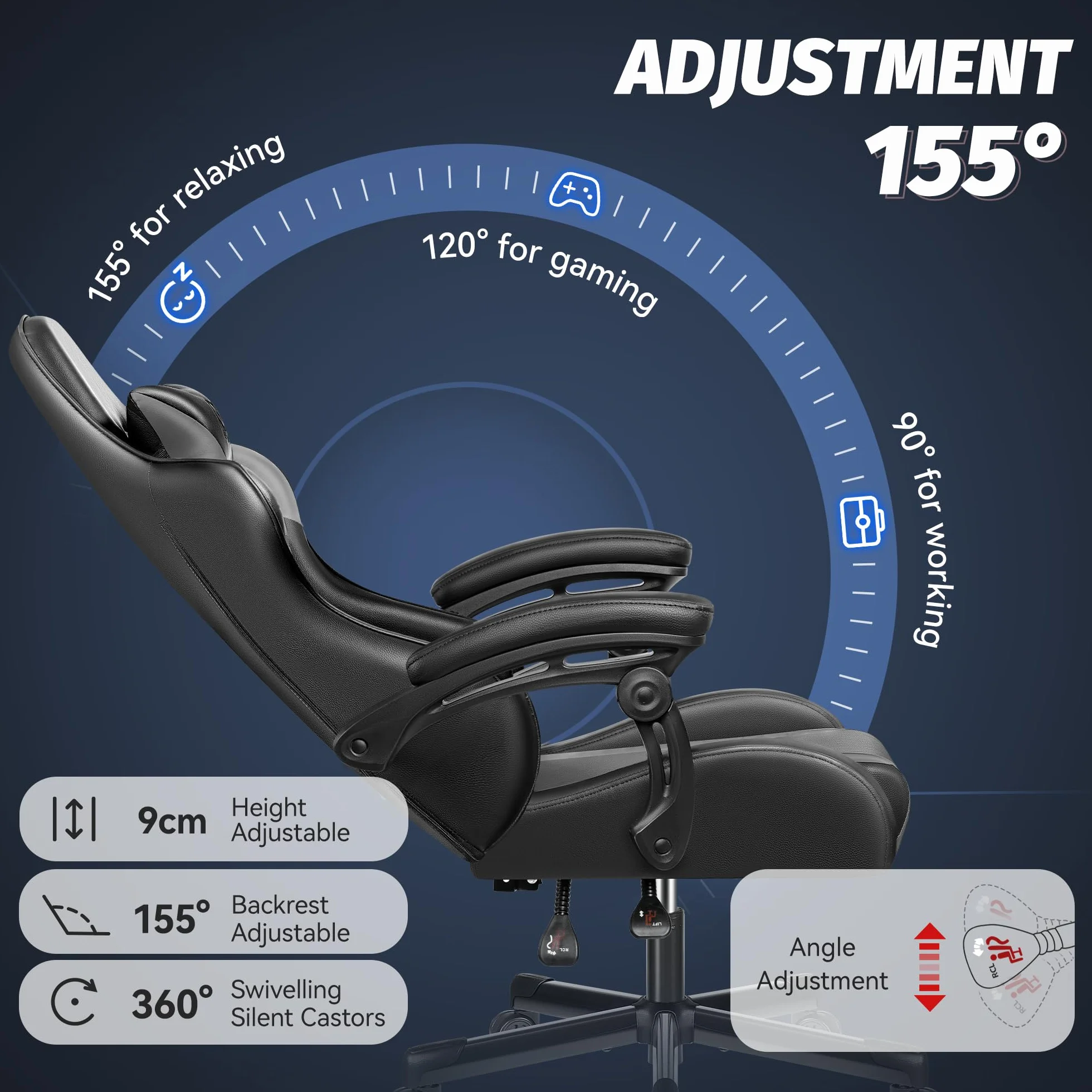 OneGame Silla Gaming, Silla ergonómica Gaming con Respaldo Ajustable Respaldo Alto Silla Gaming rotación 360º para Trabajar y Jugar, Negro Gris