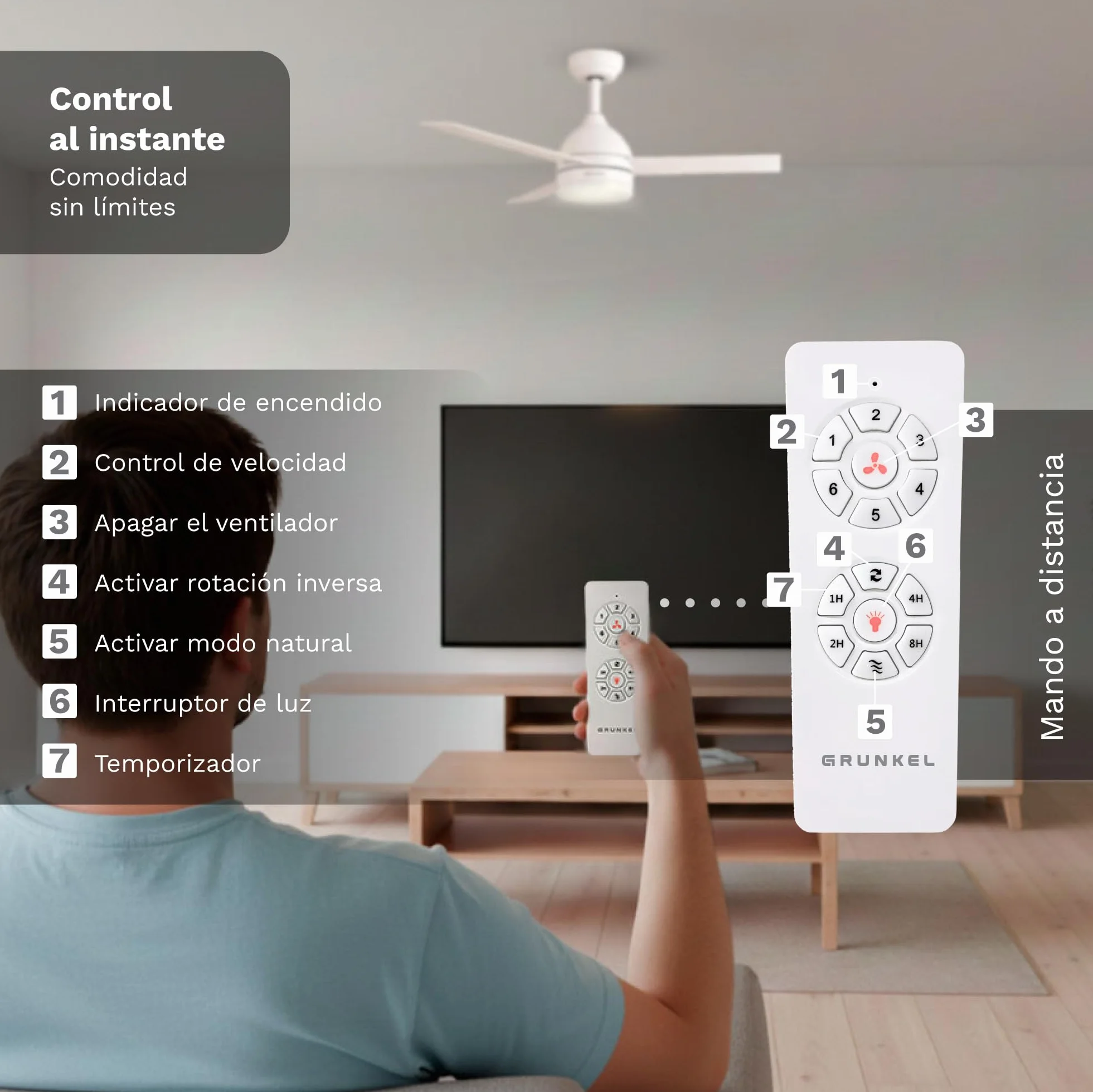 Grunkel - Ventilador de Techo con luz LED y aspas instalación reversibles blanco y madera - Mando a distancia. 6 velocidades. Temporizador 8h - 35W