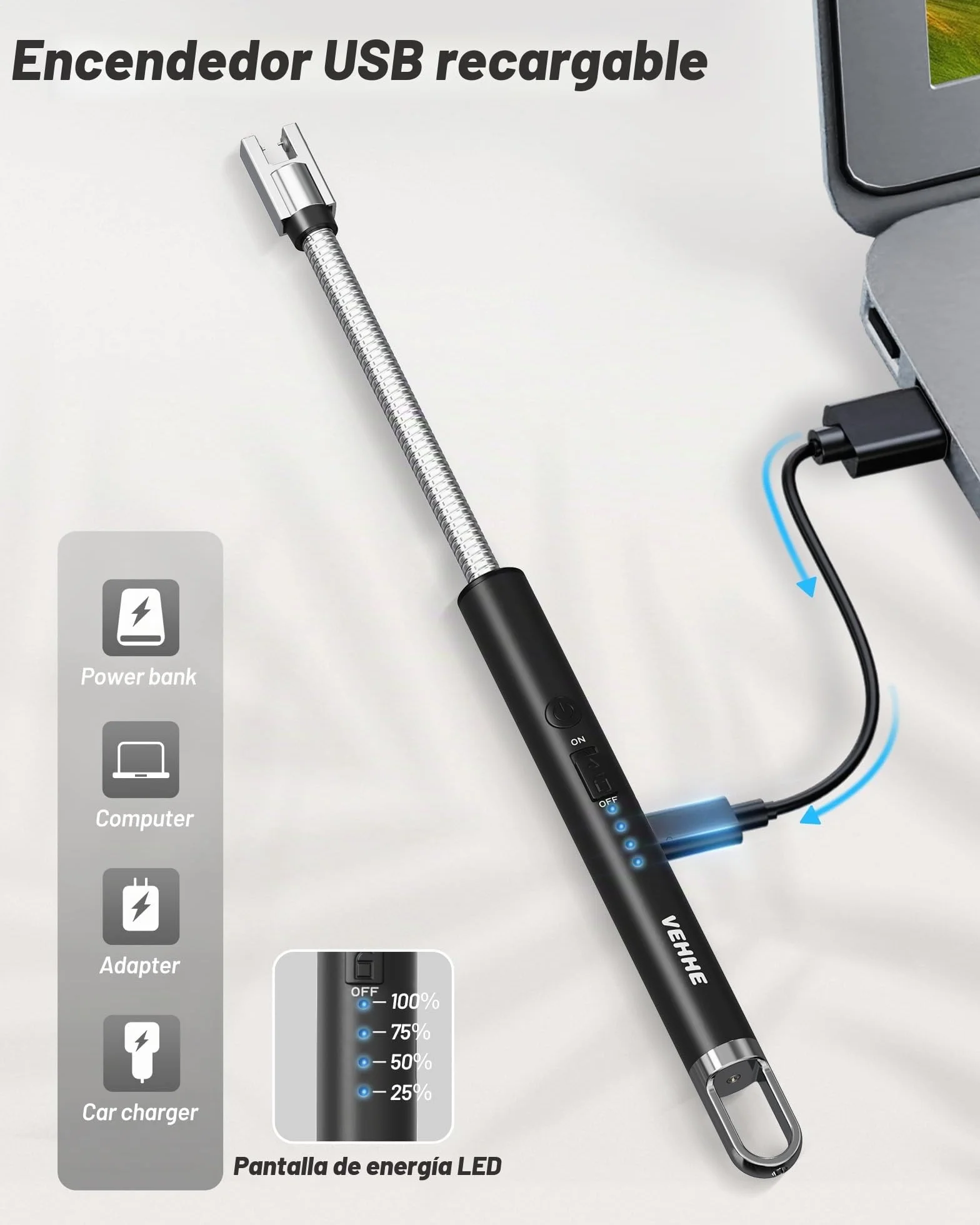 Encendedor de Arco Eléctrico Recargable VEHHE con Indicador LED de Batería USB, Mechero Largo para Cocina, Velas, Estufas de Gas y Camping