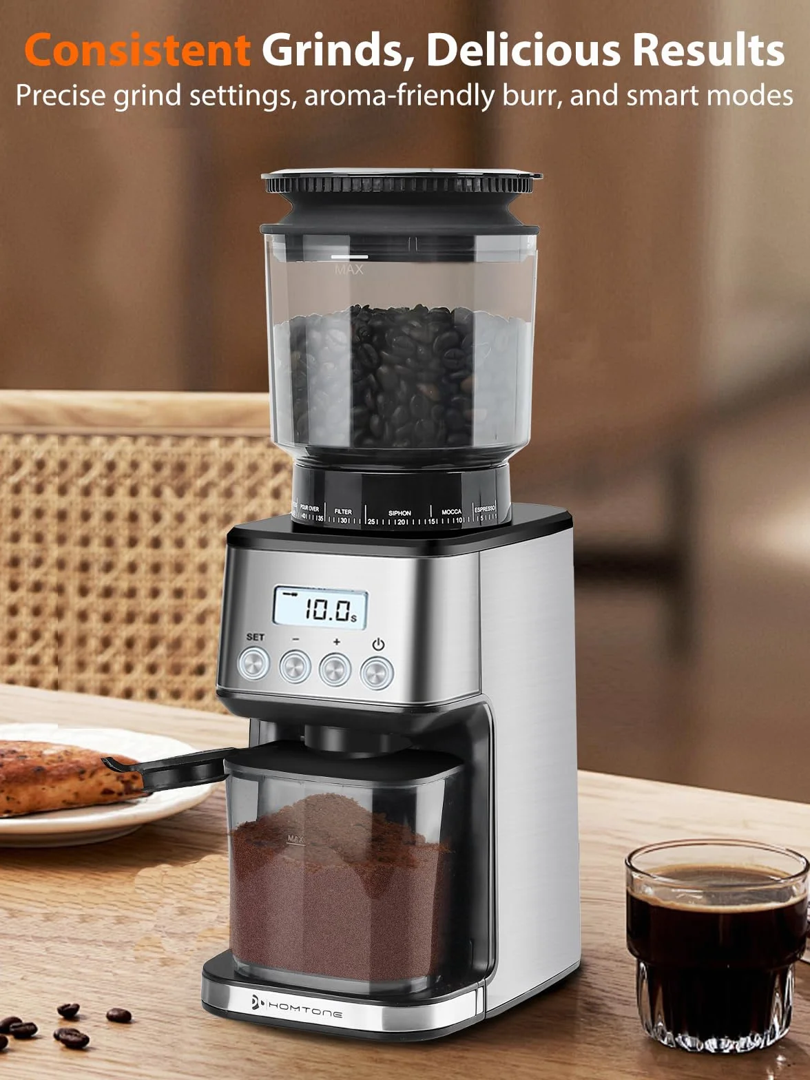 Homtone Molino de Café Eléctrico, 51 Niveles de Molienda Ajustables, Molinillo Cónico de Acero Inoxidable, Tecnología Antiestática, para Espresso, Café de Filtro y Prensa Francesa, 160 W (Plata)