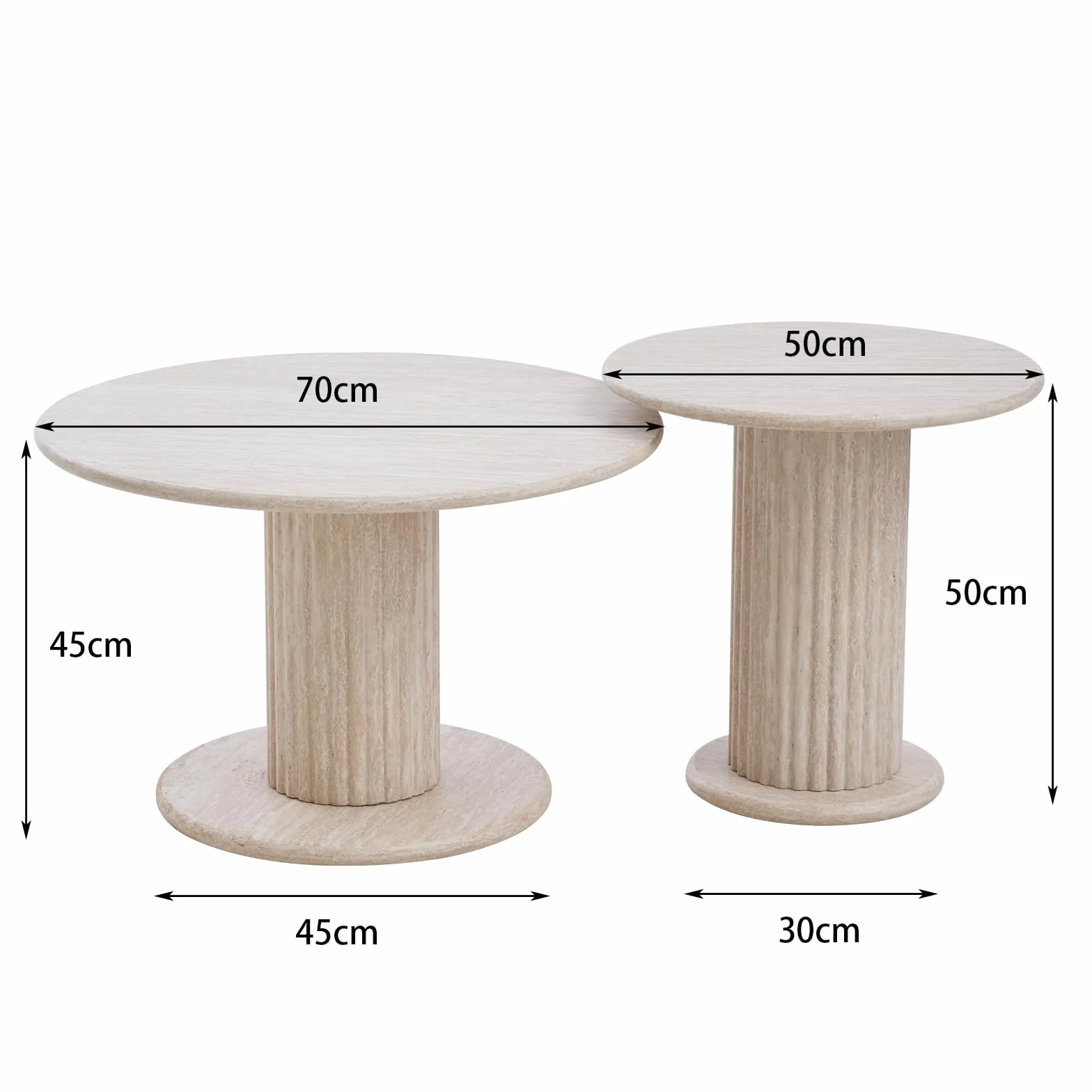 GrandCA HOME Conjunto de 2 Mesas Nido Redondas con Patas Cilíndricas en la Base, Imitación Efecto Travertino Amarillo, Mesa de Centro Moderna de Estilo Minimalista para Salón o Dormitorio