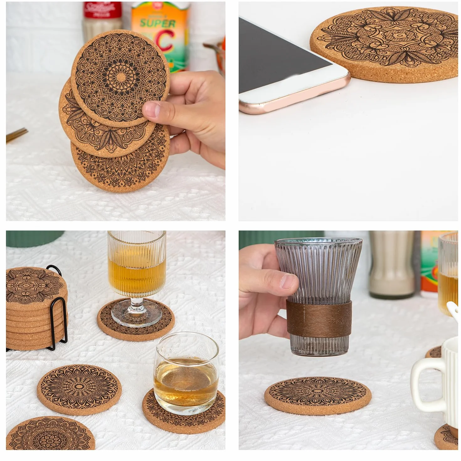 YUNYU Juego de 8 posavasos de corcho y madera con soporte, resistentes al calor, antideslizantes, absorbentes